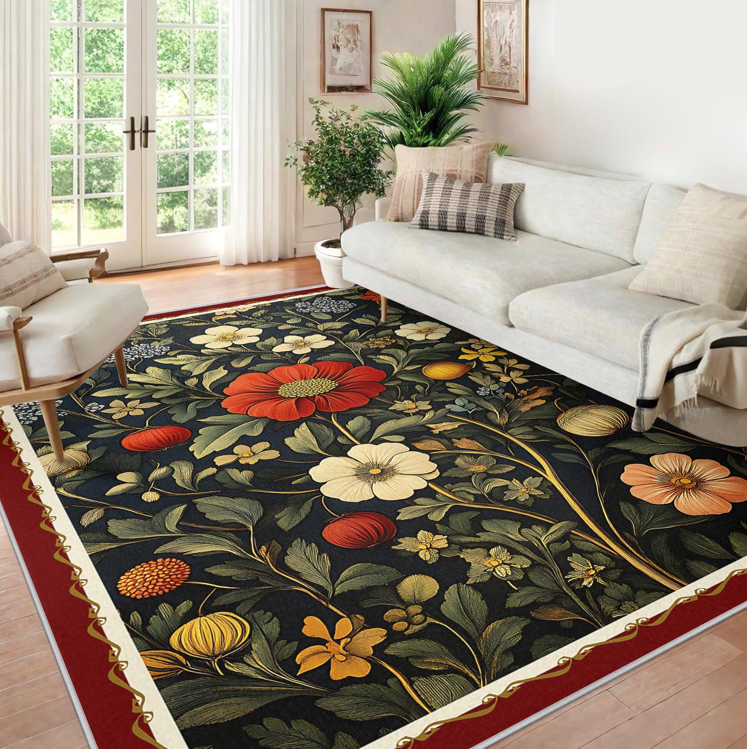 Tapis vert foncé 200x300cm lavable et fleuri pour le salon