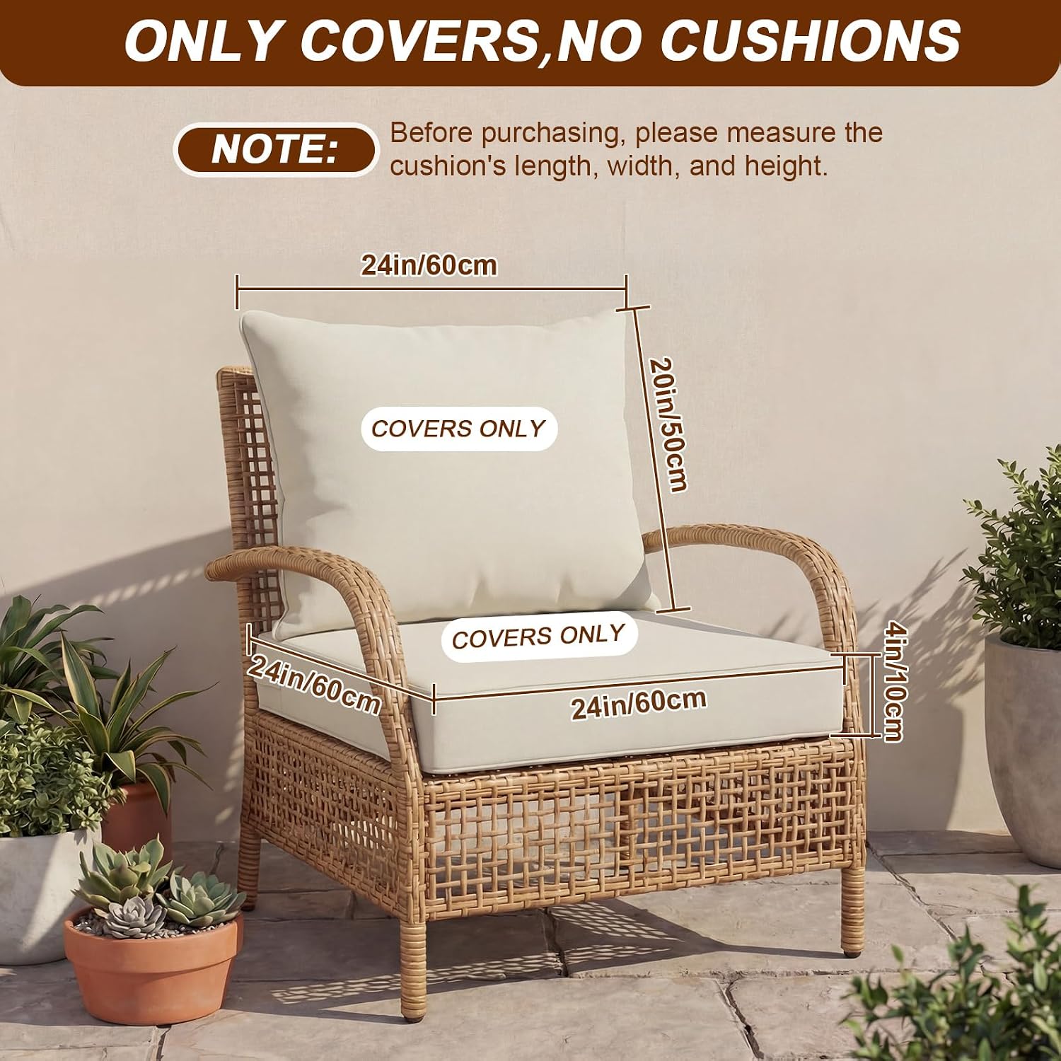 Tingjoo 1 Set 24x24x4 Inch Outdoor Chair Cushions Covers, Waterproof UV Resistant Patio Cushion Replacement Seat Slipcovers, and 24 x 20 Back Covers with Zipper for Furniture, Deep Seat Sofa (Beige)