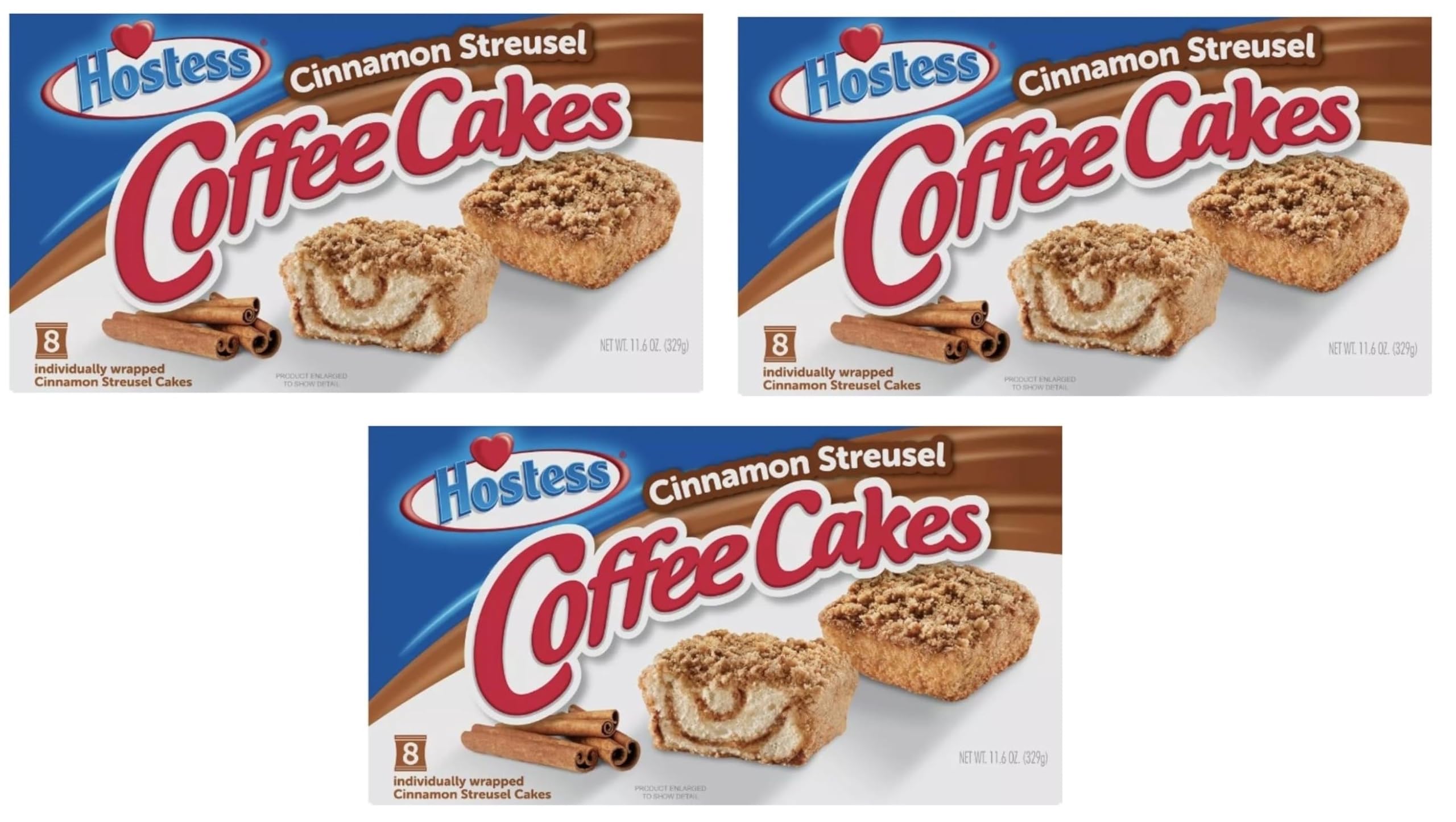 Hostess Cinnamon Streusel Coffee Cake - 8 Individually Wrapped Coffee Cakes - 11.6 Oz Box - Pack of 3