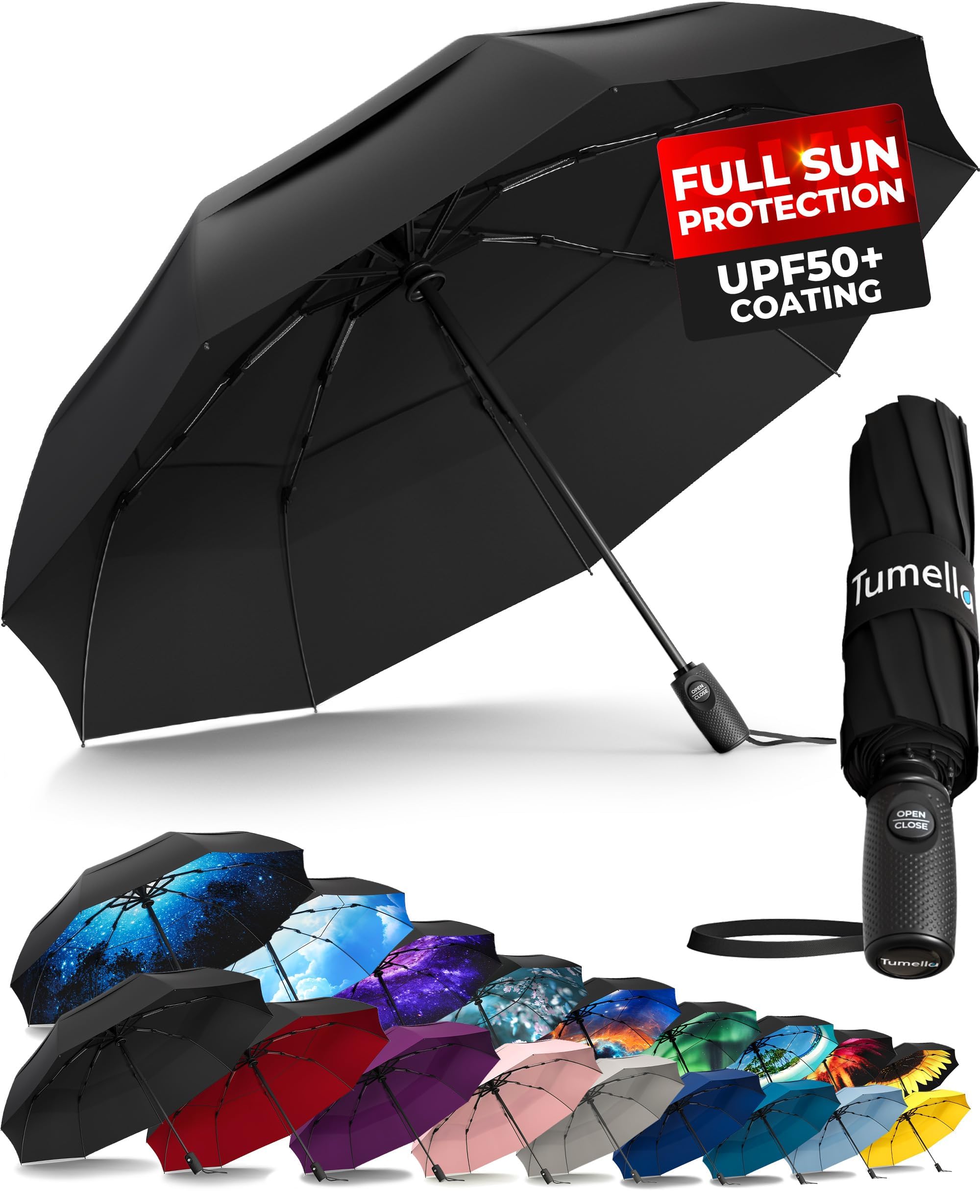 TUMELLA Strongest Windproof Travel Umbrella (Compact, Superior & Beautiful), Small Strong but Light Portable and Automatic Folding Rain Umbrella, Durable Premium Grip, Fits Car & Backpack