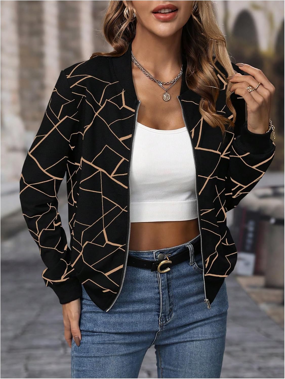 OYOANGLE Women's Geo Graphic Zip Up Bomber Jacket Long Sleeve Baseball Collar Coats - Image 2