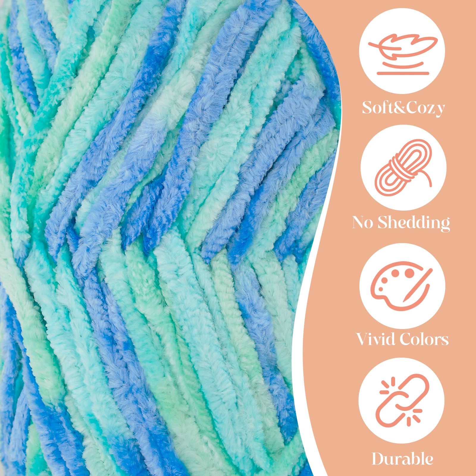 3 Pack Velvet Chenille Yarn for Crocheting and Knitting Beginners,Gradient Blue Rainbow Velvet Plush Fuzzy Fluffy Chenille Yarn for Crochet Blankets/DIY Crafts(Gradient Blue) - 3