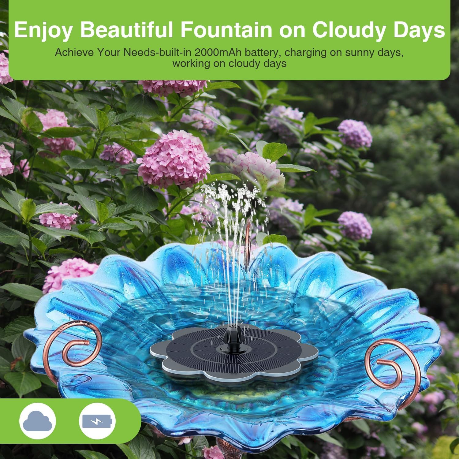 SZMP Solar Springbrunnen, 2000mAh Akku - Arbeiten an Trüben Tagen - Solar Teichpumpe, Wasserpumpe Solar Schwimmender Fontäne mit 8 Effekte & 4 Fixe Rohre für Garten,Vogel-Bad
