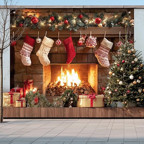 Miniatura 6 de Pancarta de fondo de Navidad para chimenea, 8 x 6 pies, medias colgantes, pancarta de fiesta de vacaciones, color rojo y blanco, fondo de decoración