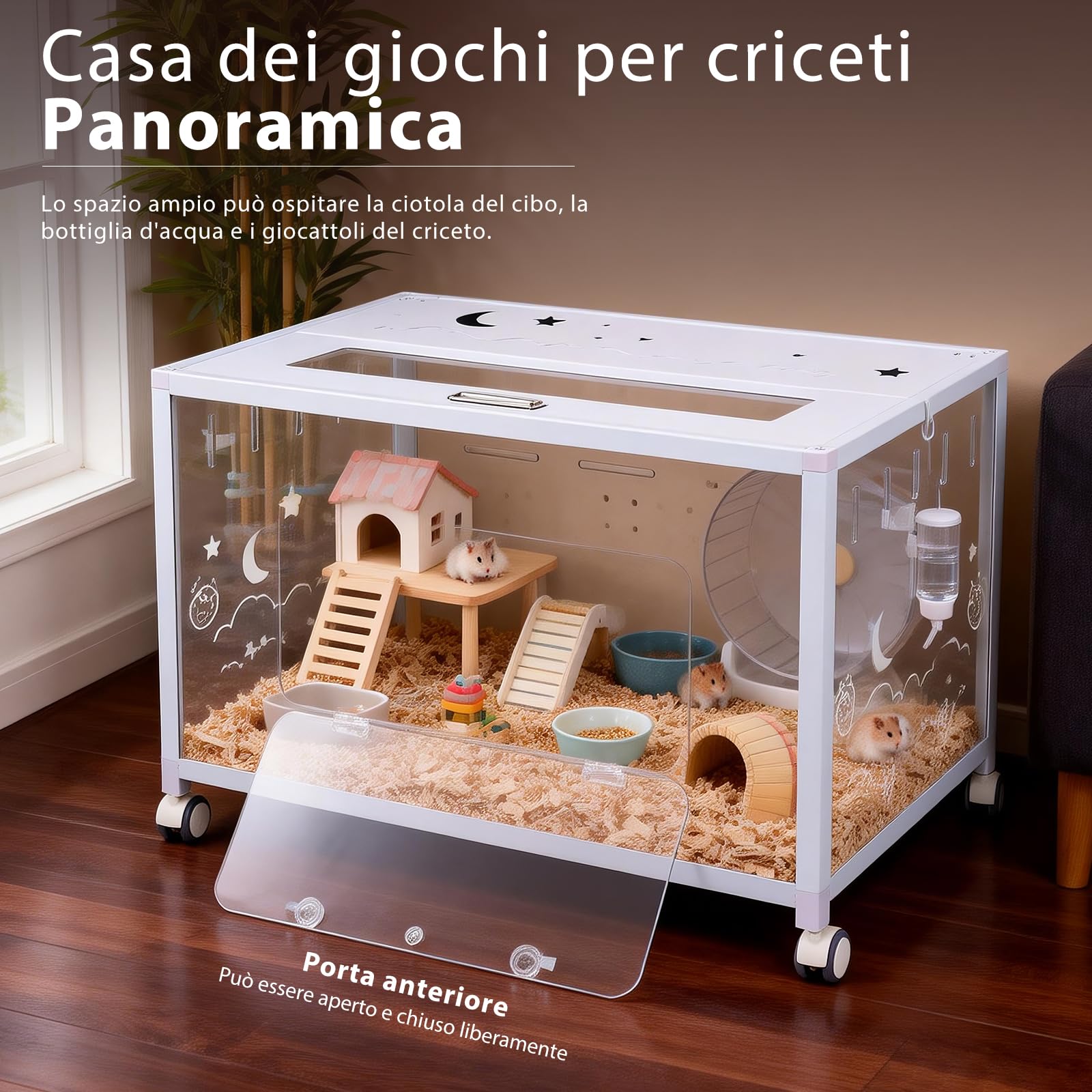 Grande gabbia per criceti in metallo, 80 x 50 x 55 cm, gabbia per roditori con ruote, stabile, bianca | Recinto per piccoli animali per conigli, criceti dorati, rimovibile, trasparente, facile da pulire