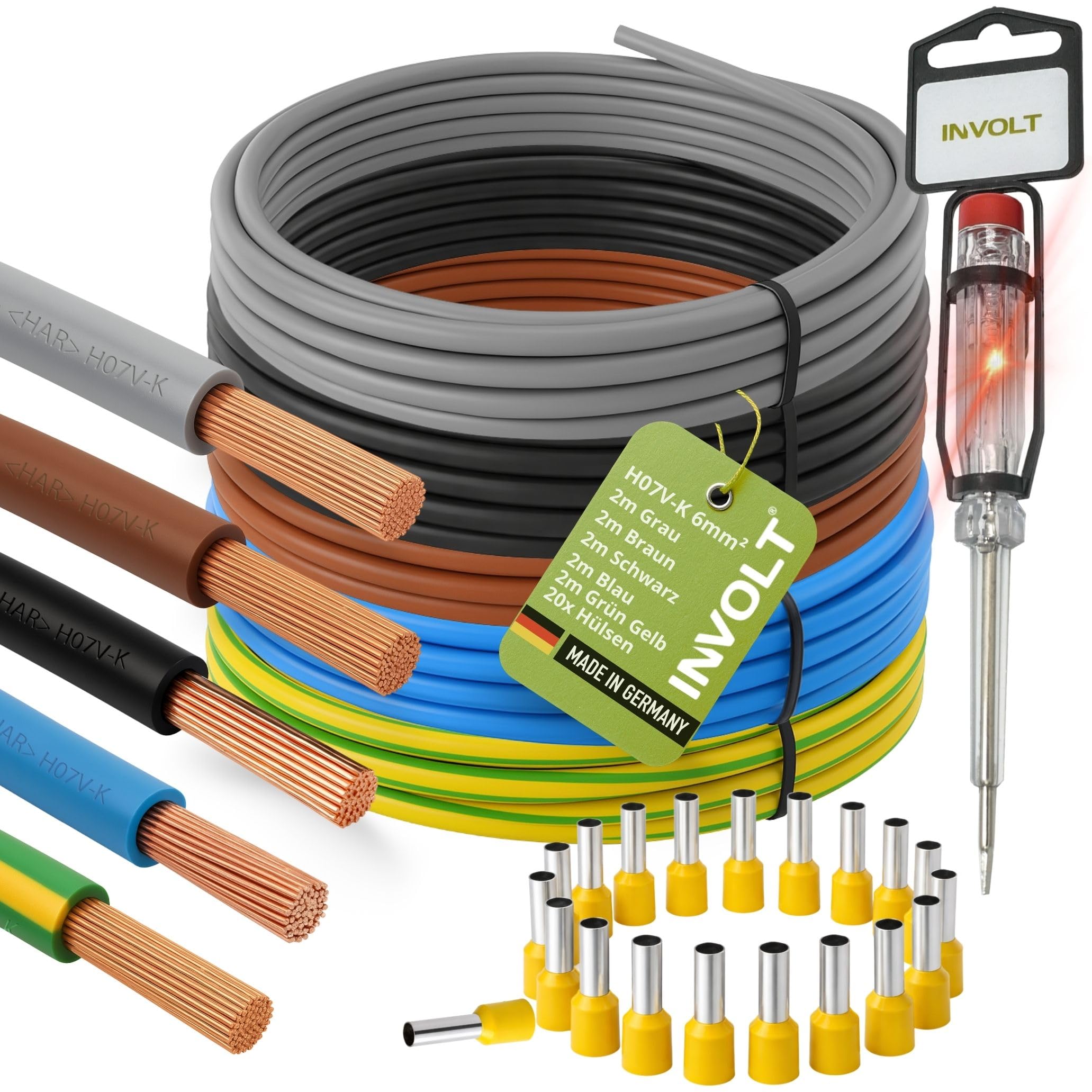 INVOLT H07V-K 6 mm² Verdrahtungsleitung 5 x 2m Set, Einzelader Schwarz, Blau, Braun, Grau, Grün-Gelb mit 20 Aderendhülsen und Spannungsprüfer