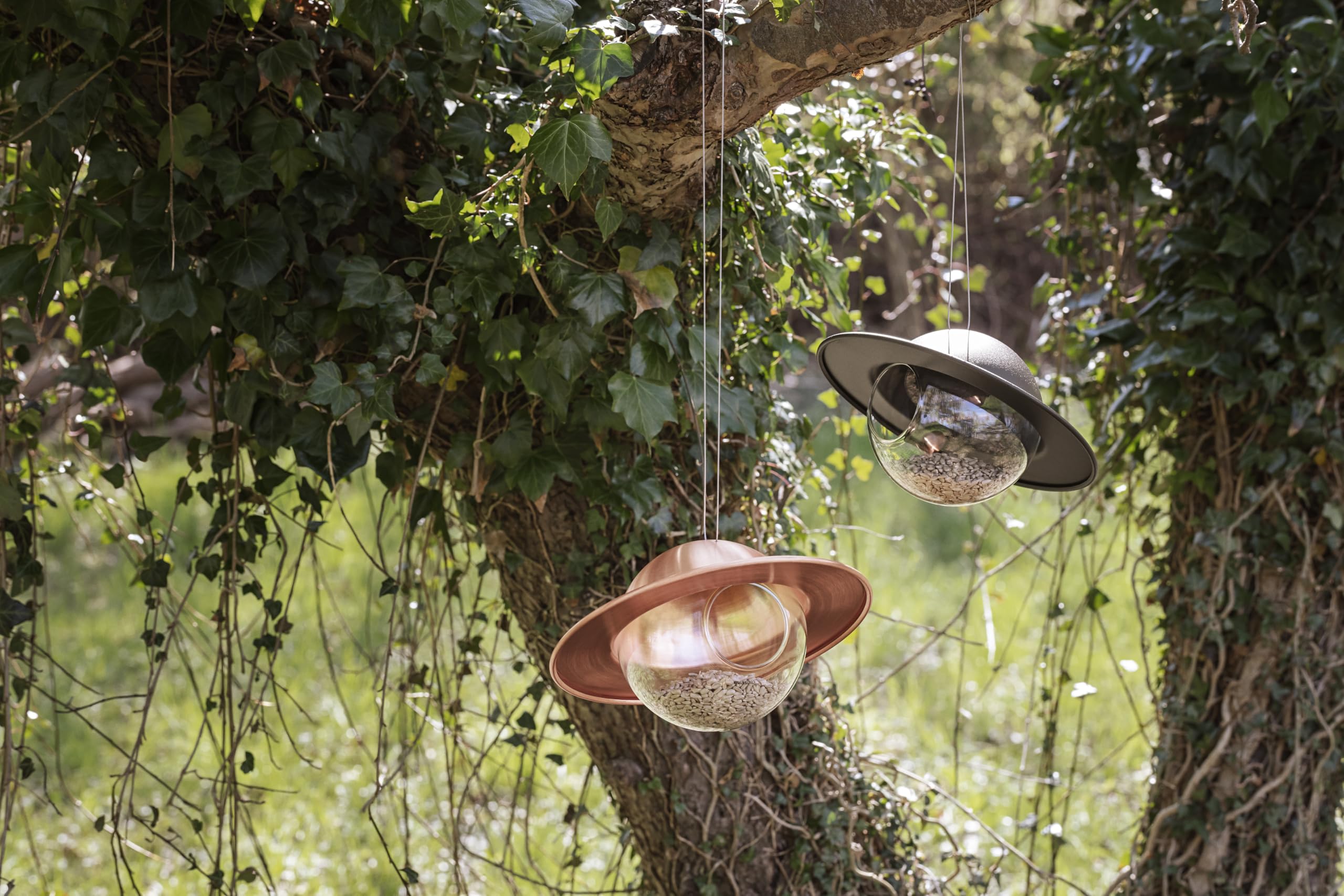EVA Solo Saturn - Comedero para pájaros de Cobre, comedero con orbe de Vidrio Transparente y Techo Protector, Disfruta de pájaros de jardín Durante Todo el año, Resistente a Todo Tipo de Clima y bajo