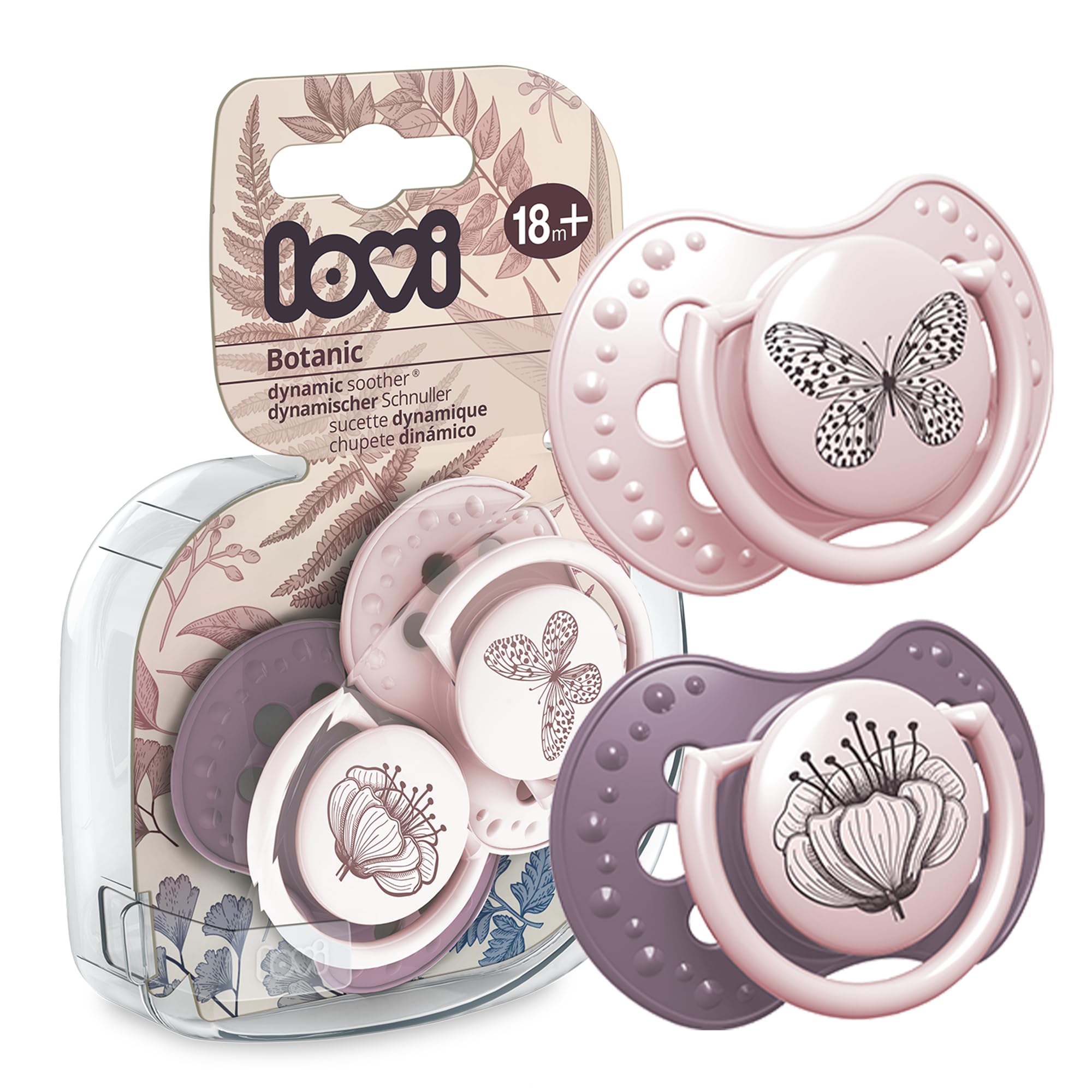 LOVI Soother 18+ Months, Baby Dummies with Silicone Teat, Dynamic Tip, Botanic Collection, 2 Pieces, Pink