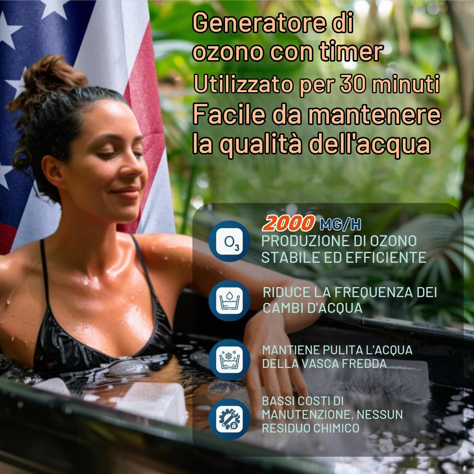 Generatore di ozono per vasca ad immersione fredda, generatore di ozono da 2000 mg/h, per mantenere il bagno di ghiaccio o la vasca idromassaggio pulita, accessori per filtro a immersione