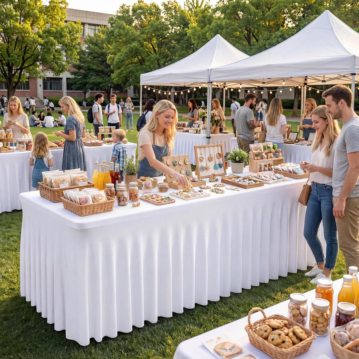 2 Pack White Spandex Tablecloth for 8FT Rectangle Tables, Table Skirt 30x96 Inch Stretch Table Cloths Elastic Fitted Tables Cover for Wedding Parties Birthday Banquet Baby Shower Events