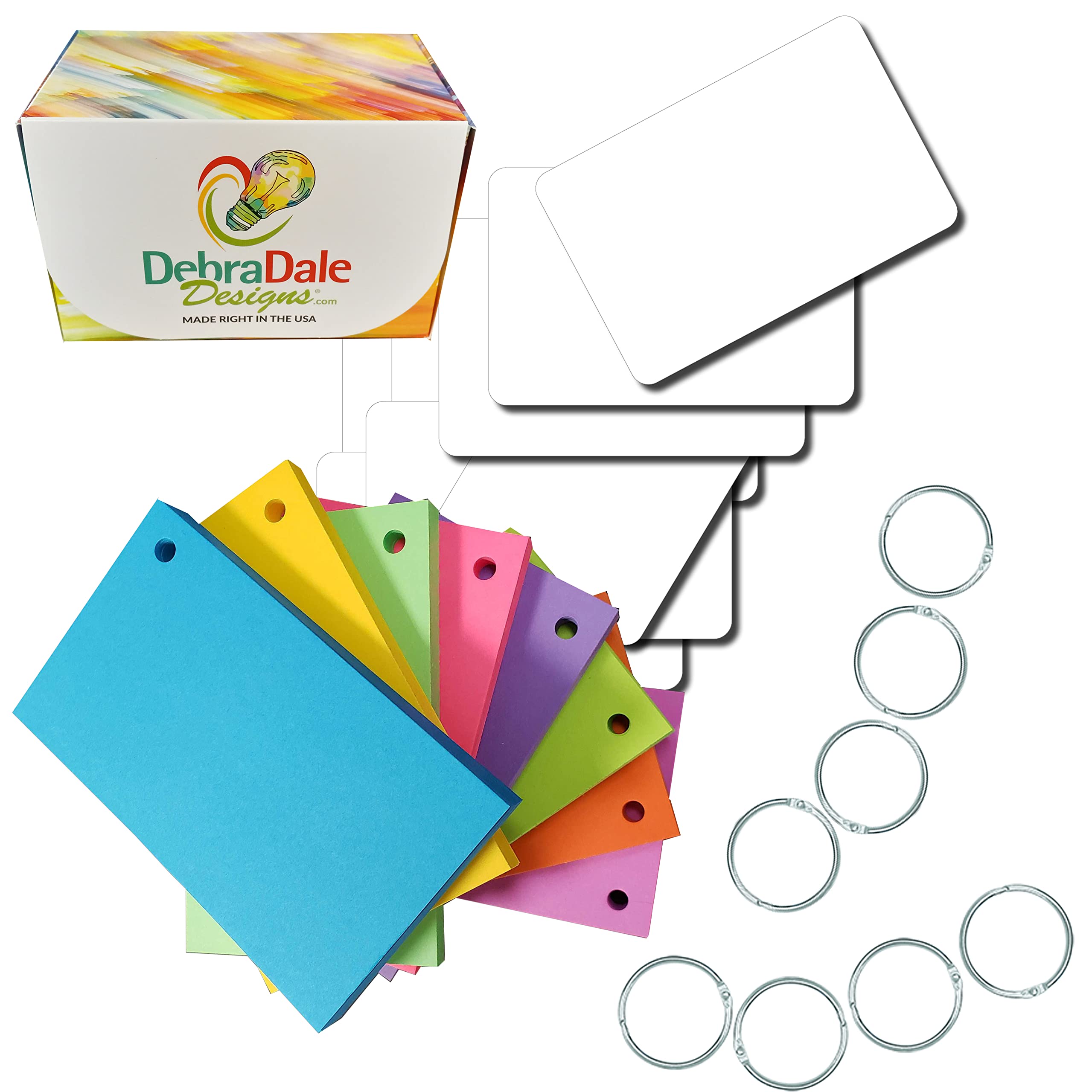 Debra Dale Designs - Made Right in the USA - 3" X 5" Hole Punched Cards - Smooth 80# Card Stock - 35 Each Of Eight Bright Assorted Colors - 8 Metal Book Rings - 8 White Divider Cards - Storage Box