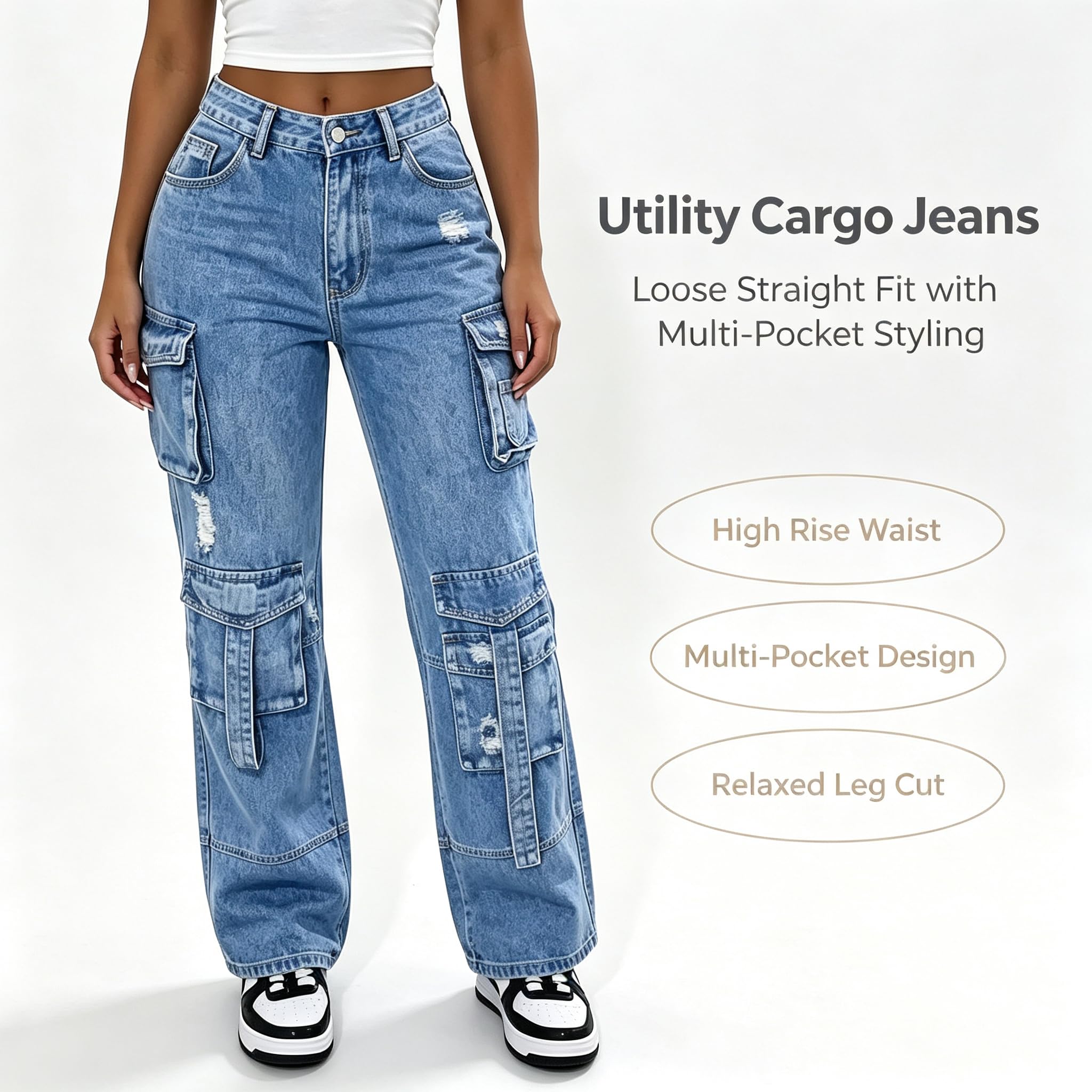 Jeans Donna Y2K Cargo con Tasche Denim Strappato Mid-Rise