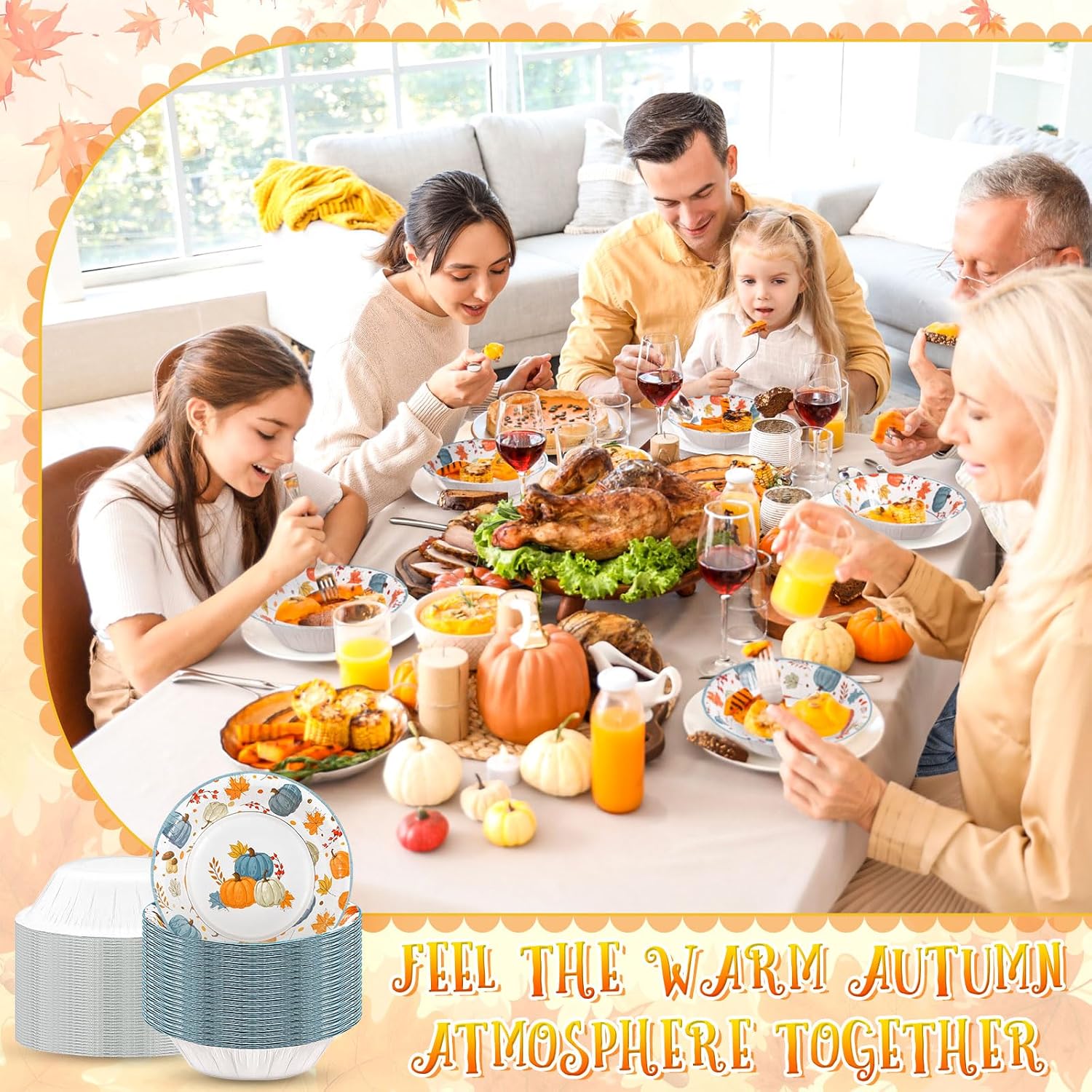 Sliner 100 Pcs 16 oz Thanksgiving Paper Bowl Pumpkin Autumn Maple Leaves Disposable Fall Thanksgiving Soup Bowl for Holiday Party Snack Dessert Salad Milk Cereal Serving Catering Event Supplies
