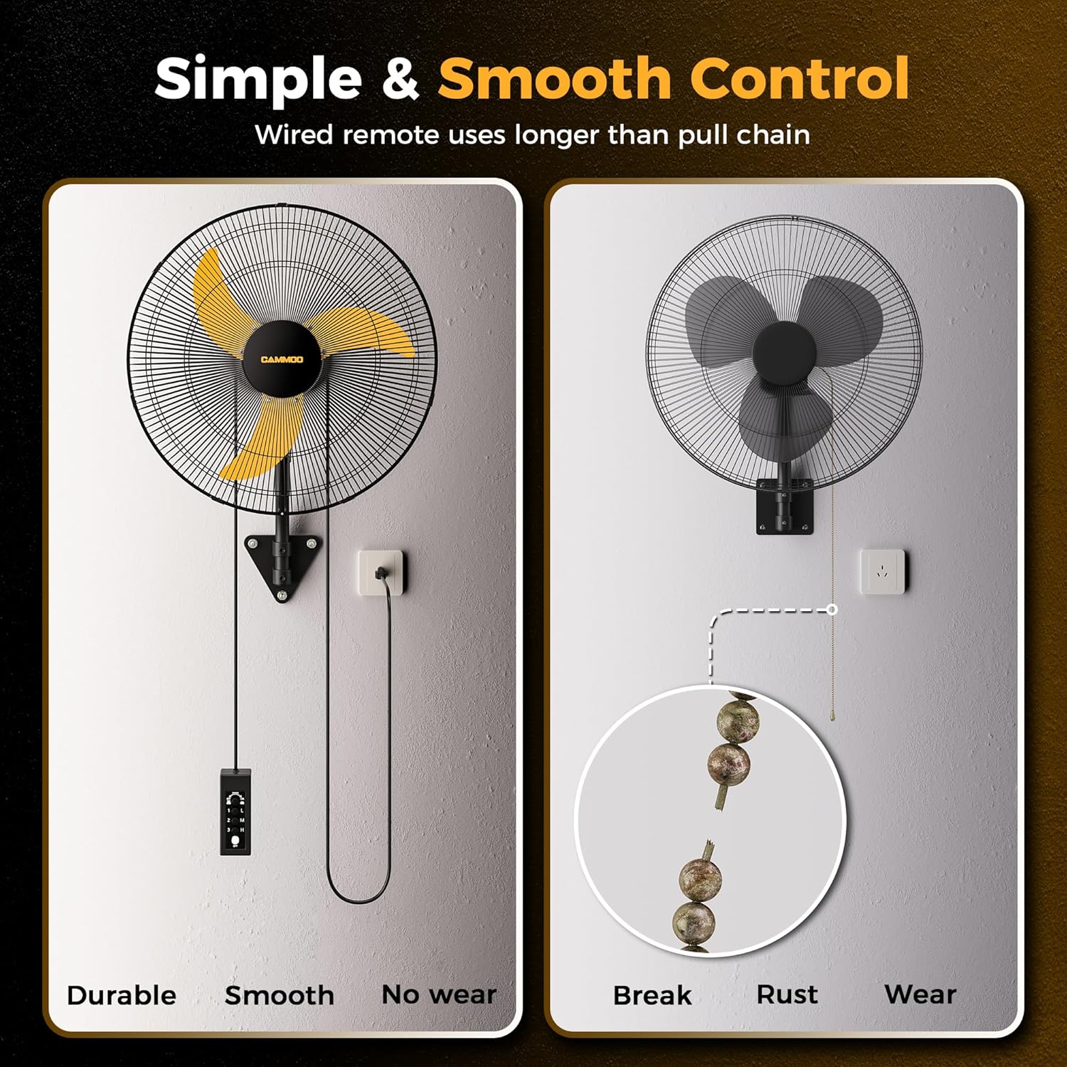 20 Inch Wall Mount Fan Oscillating, Extended 3.3ft Wired Remote and 6.6ft Power Cord, 3-Speed Industrial Wall Mounted Fan for Commercial, Garage, Workshop, Horse Barn, Gym, 2 Packs