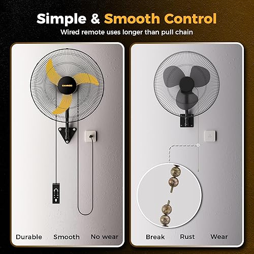 Miniatura 3 de Ventilador oscilante de montaje en pared de 20 pulgadas, control remoto con cable extendido de 3.3 pies y cable de alimentación de 6.6 pies,