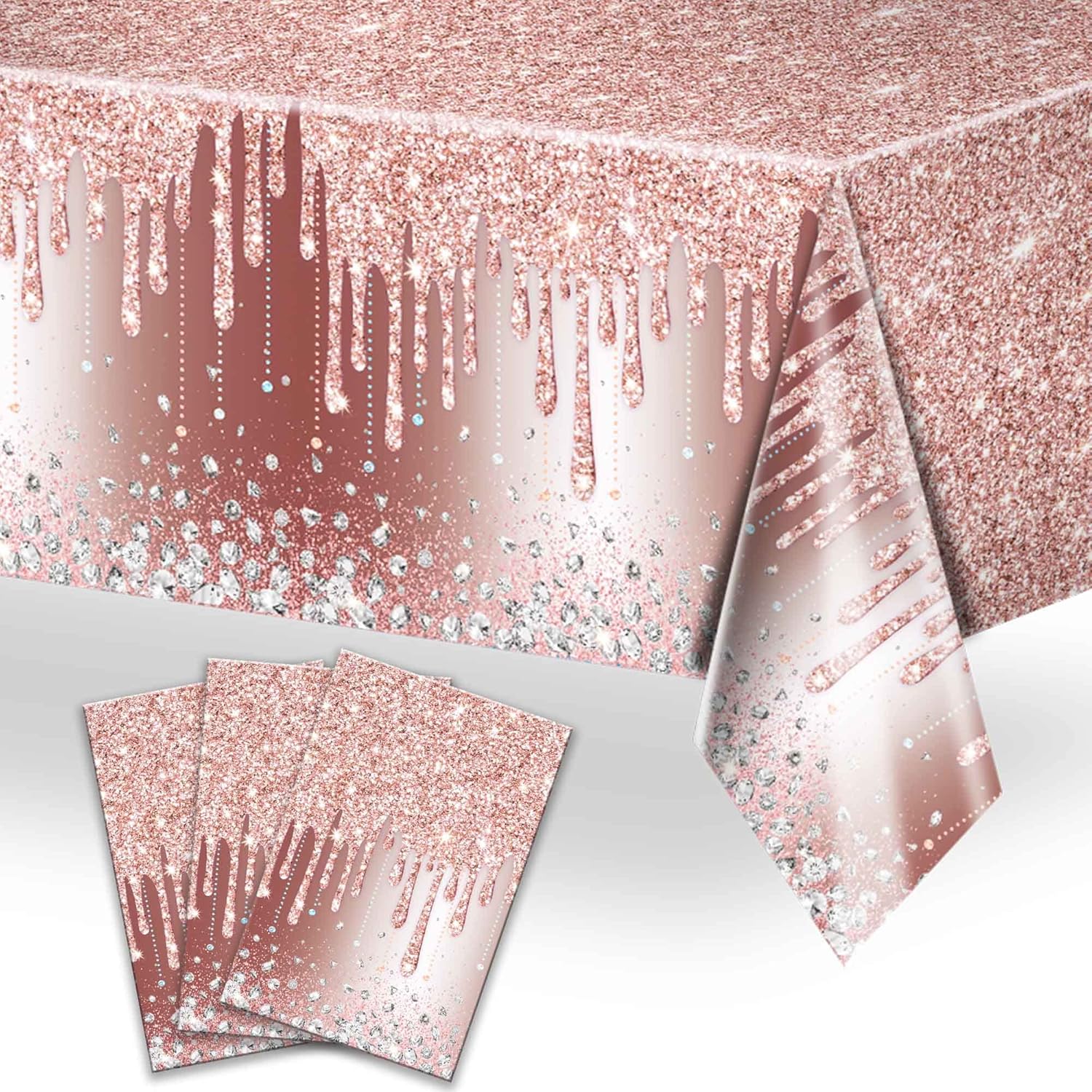 3 Pcs Pink Rose Tablecovers Glitter Diamond Tablecloth Girl Party Glitter Table Cloth Sequin Printed Plastic Tablecloths for Valentine Girl Wedding Graduation Anniversary Indoor Outdoor, 52 x 108 inch