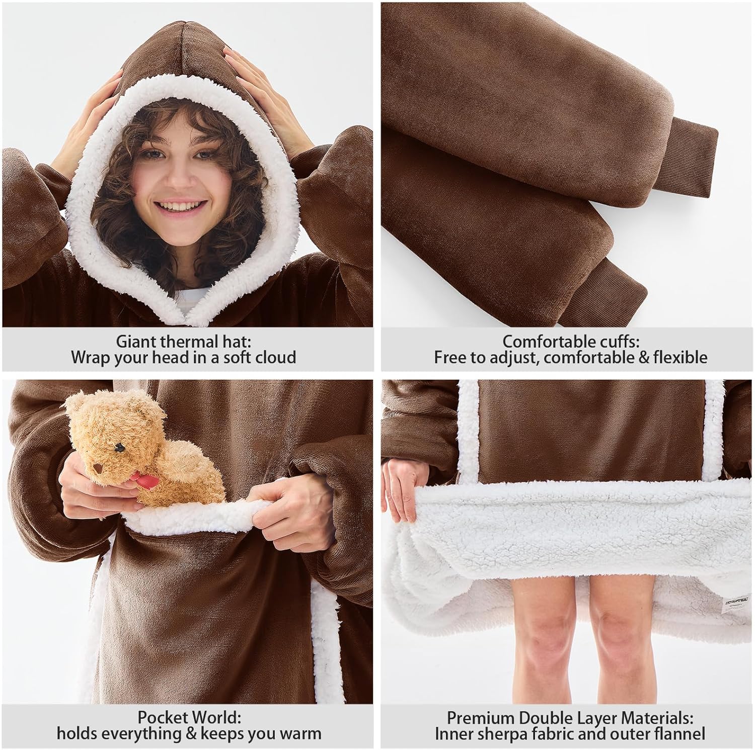 JOYWOO Brown Oversized Wearable Blanket Hoodie,Cat lovers Long Hoodie Blanket for Adult,Birthday Gifts for Women Men Grandpa,Cozy Fuzzy Sherpa Fleece Sweatshirt Hooded Blanket Giant Pocket,Oversize