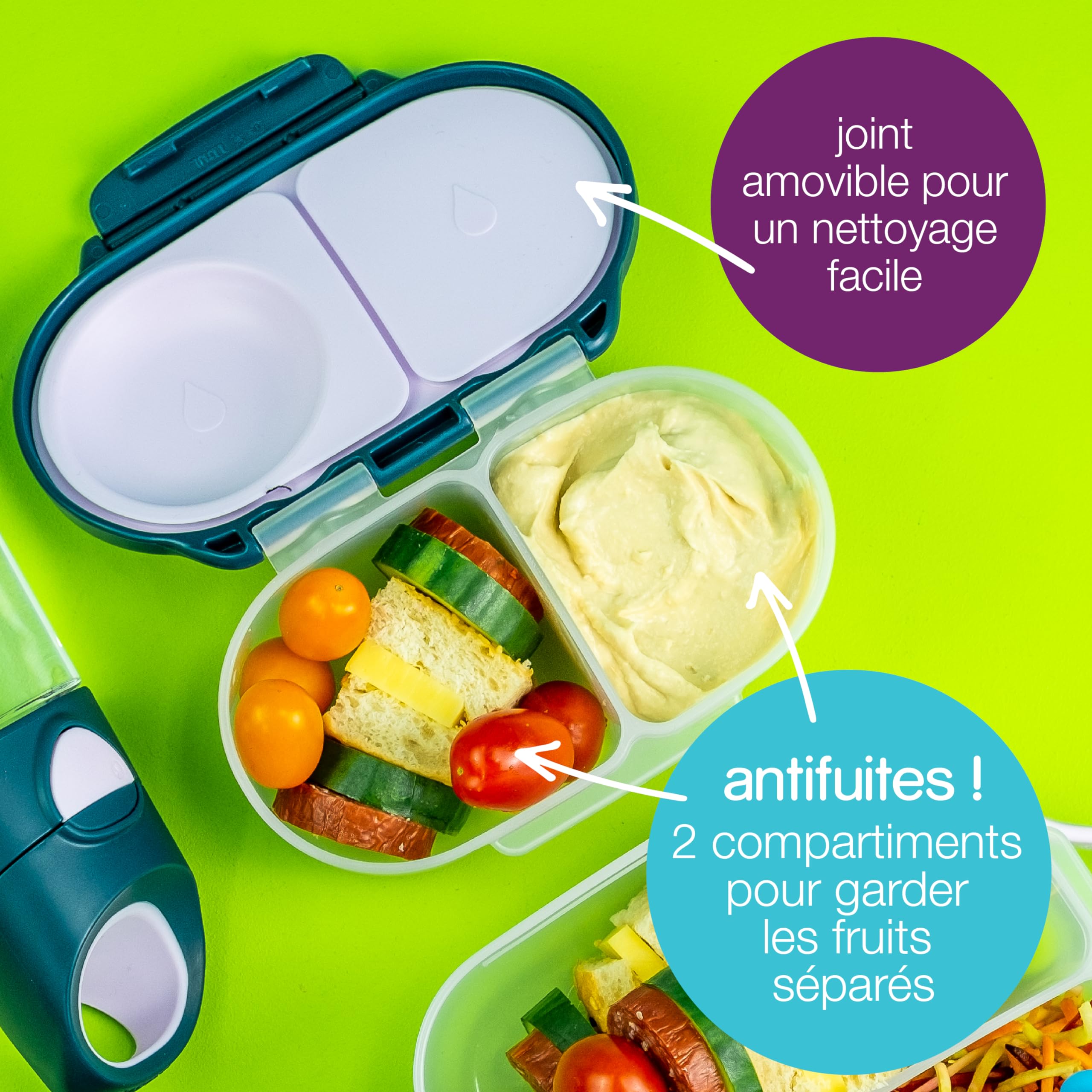 b.box Boîte à goûter | Mini boîte à bento avec 2 compartiments étanches | Idéale pour les tout-petits, les repas et les collations | Convient aux fruits entiers | Sans BPA