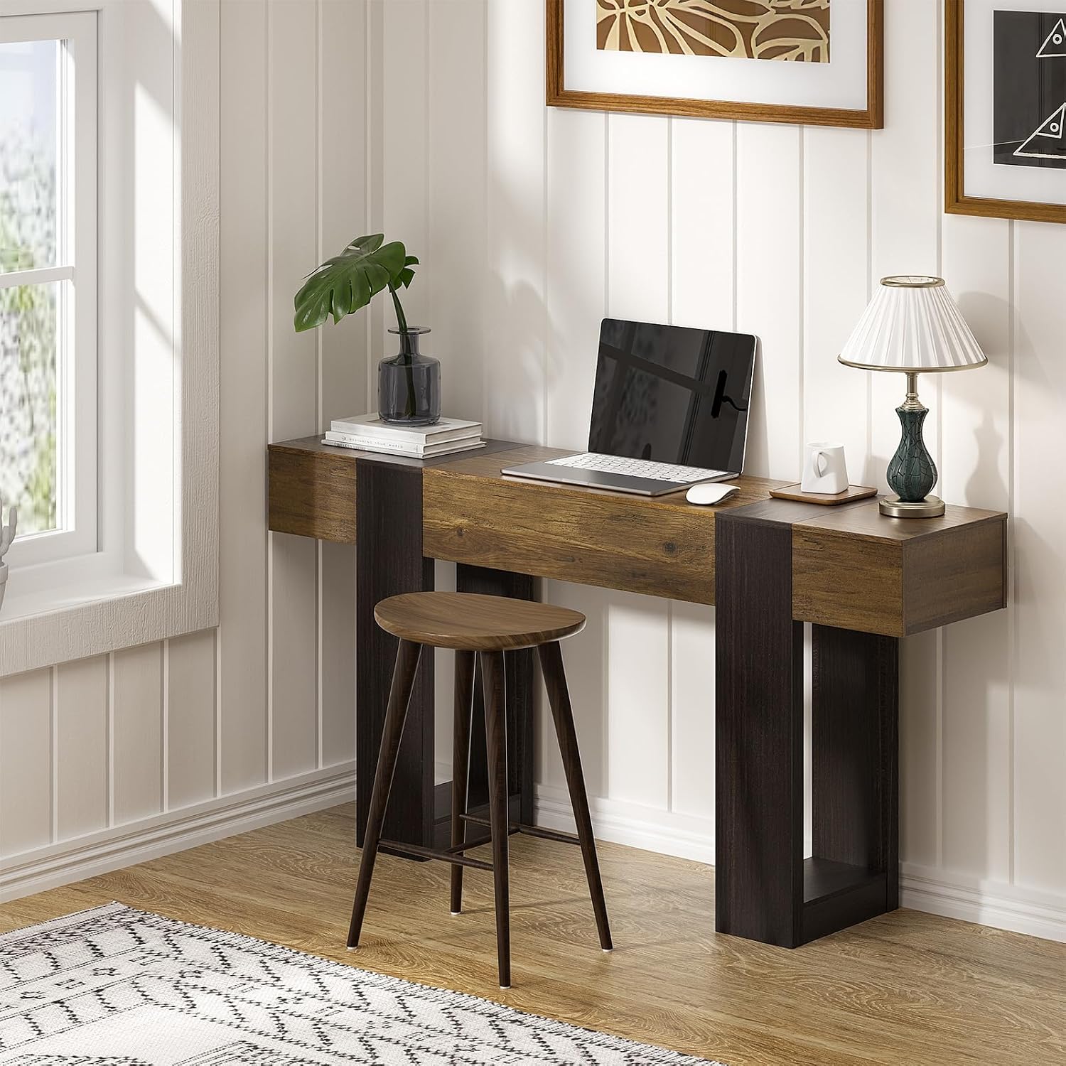 63 Inch Long Console Tables for Entryway, Farmhouse Wood Entryway Table, Narrow Sofa Table Behind Couch, Foyer Hallway Table for Living Room, Entrance, Front Door, Brown & Dark Walnut