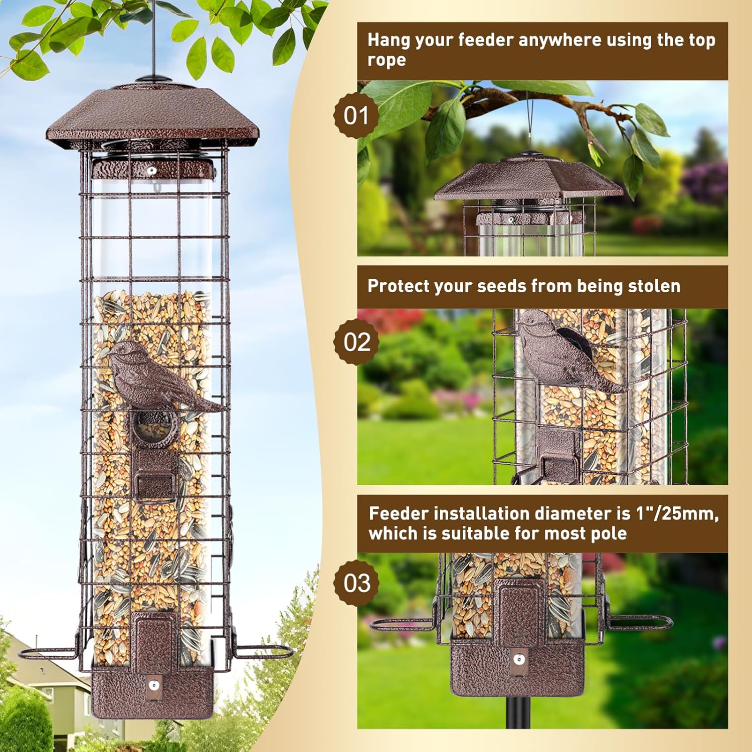 Squirrel Proof Bird Feeder for Outdoors Hanging, 3LB Large Capacity Metal Wild Feeder with Gravity Protection, 4 Ports, Durable & Weatherproof for Cardinals, Chickadees, Backyard Bird Watching