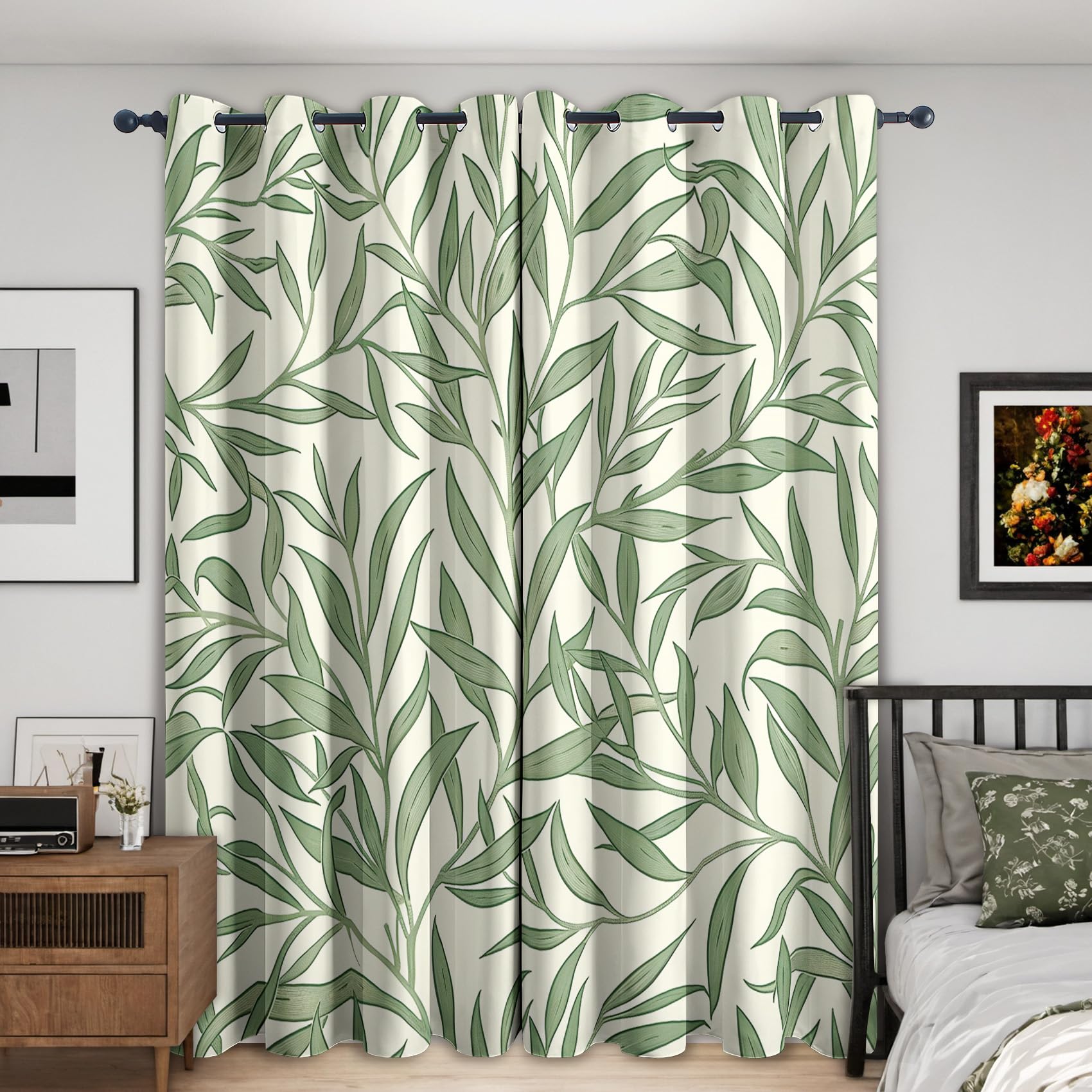 Niyaka Green Leaf Blackout Curtains For Living Room, Botanical Leaves Curtains For Bedroom, Thermal Insulated Eyelet Leaf Window Treatments 72 Drop, 2 Panels Drapes (W66 X L72)