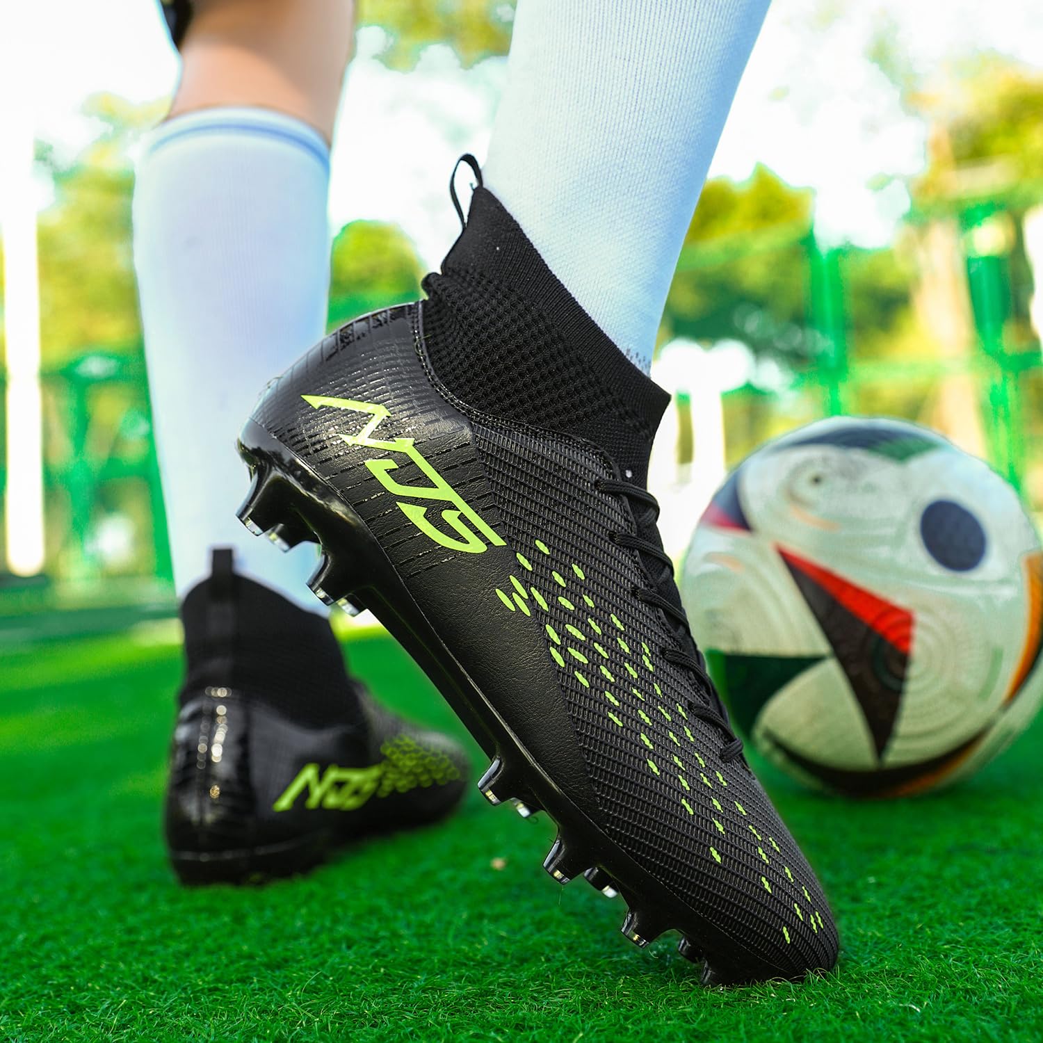 Zapatillas de Fútbol para Hombre Profesionales Atletismo Banda Alta Calzado de Fútbol Zapatillas de Deporte Entrenamiento para Césped Artificial Futbol de Competición