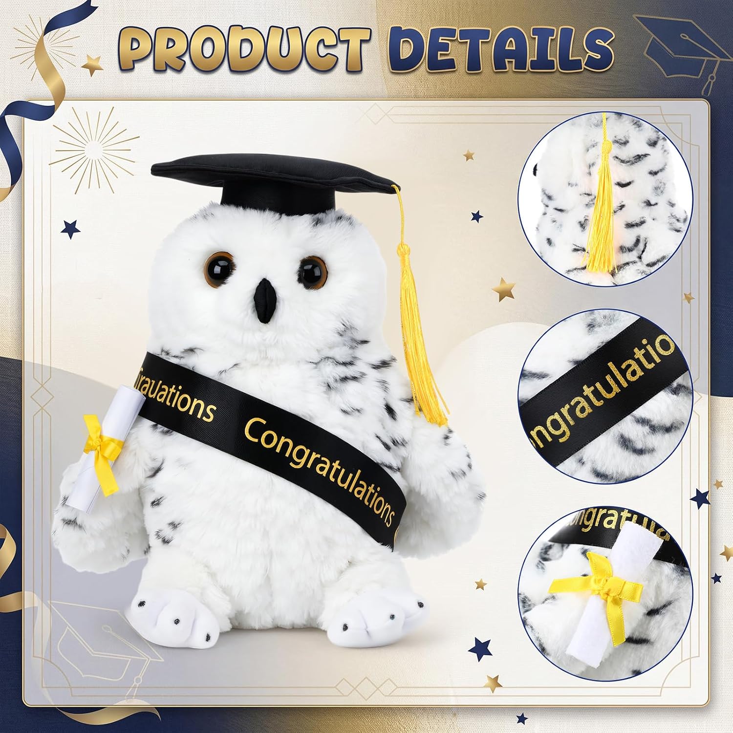 Hungdao Graduation Snowy Owl Plush Toy Gifts Set 8.6" Owl Stuffed Animal with Black Cap, Sash, Greeting Card and Artificial Rose for 2026 High School College Kindergarten Graduation Party Gifts
