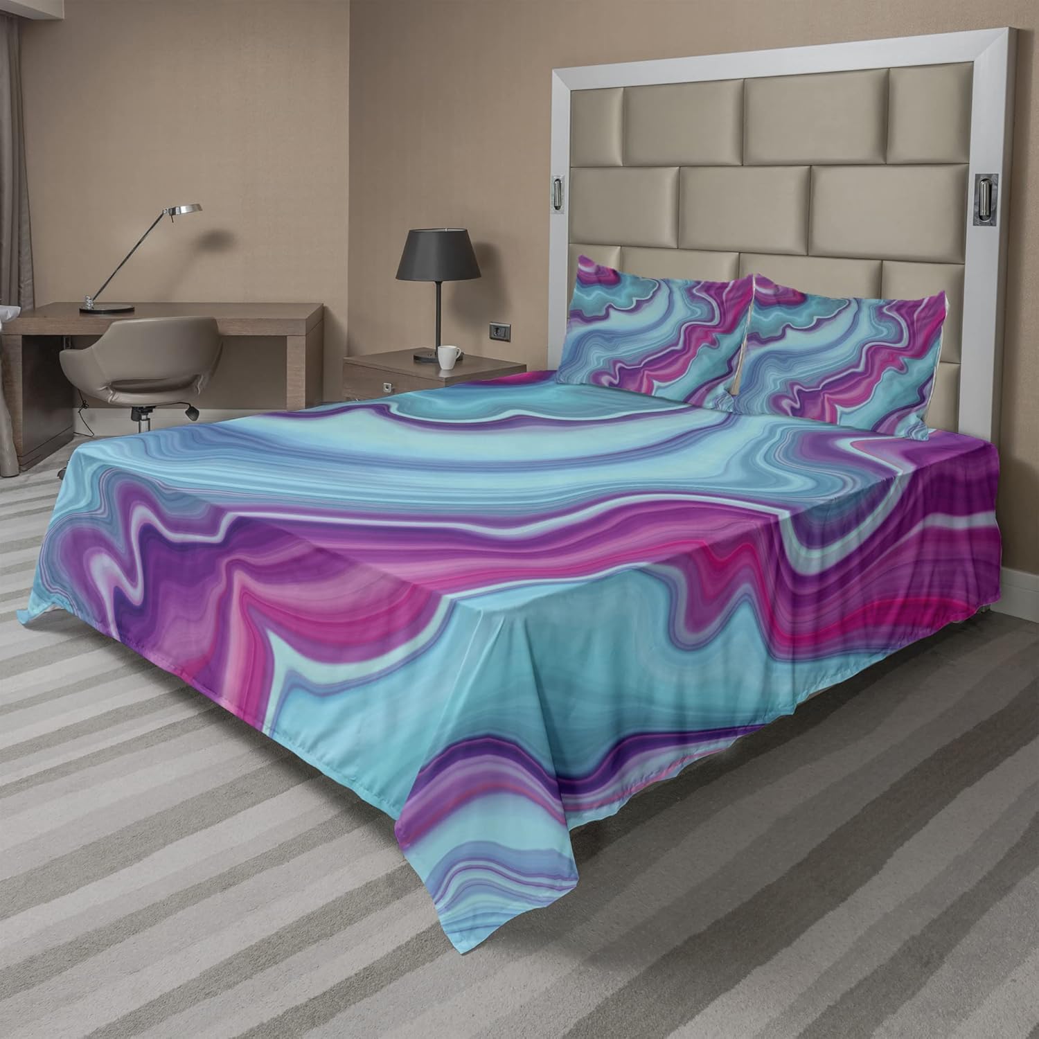 Ambesonne Marble Print Sheet Set, Abstract Color Formation Wavy Aqua Pink Lines Agate Slab Mineral Geographic, Fitted and Flat Sheet with Pillowcases Bedding Accent 4 Piece Set, Full, Aqua Pink