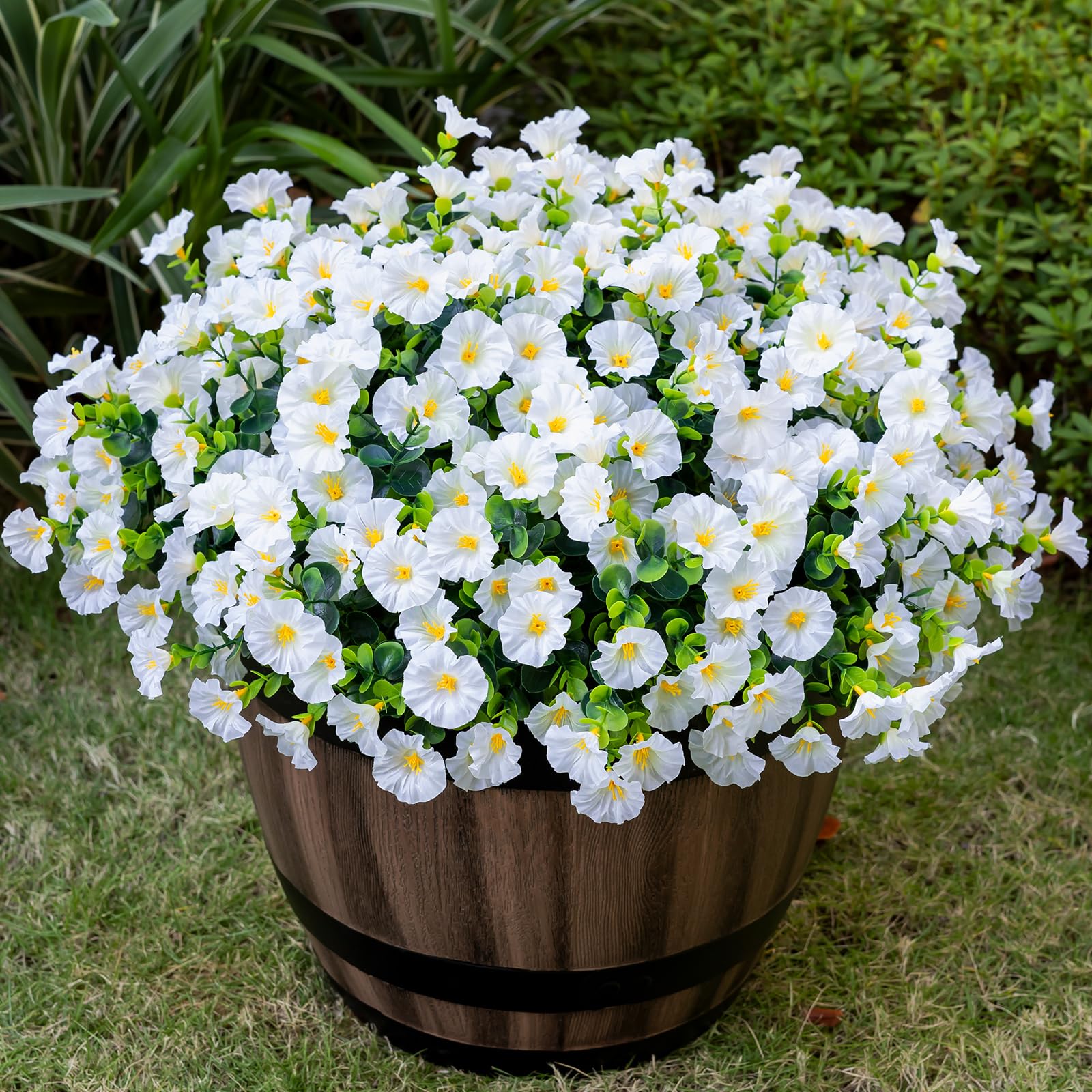Nigirior Artificial Faux Flowers for Outdoor 16 Bundles Boxwood Fake Morning Glory for Planter UV Resistant White