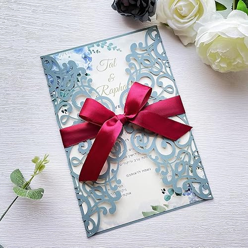 Miniatura 4 de KUCHYNEE 50 tarjetas de invitación de boda personalizadas en blanco azul polvoriento con cintas burdeos de 5 x 7.3 pulgadas, invitaciones de flora