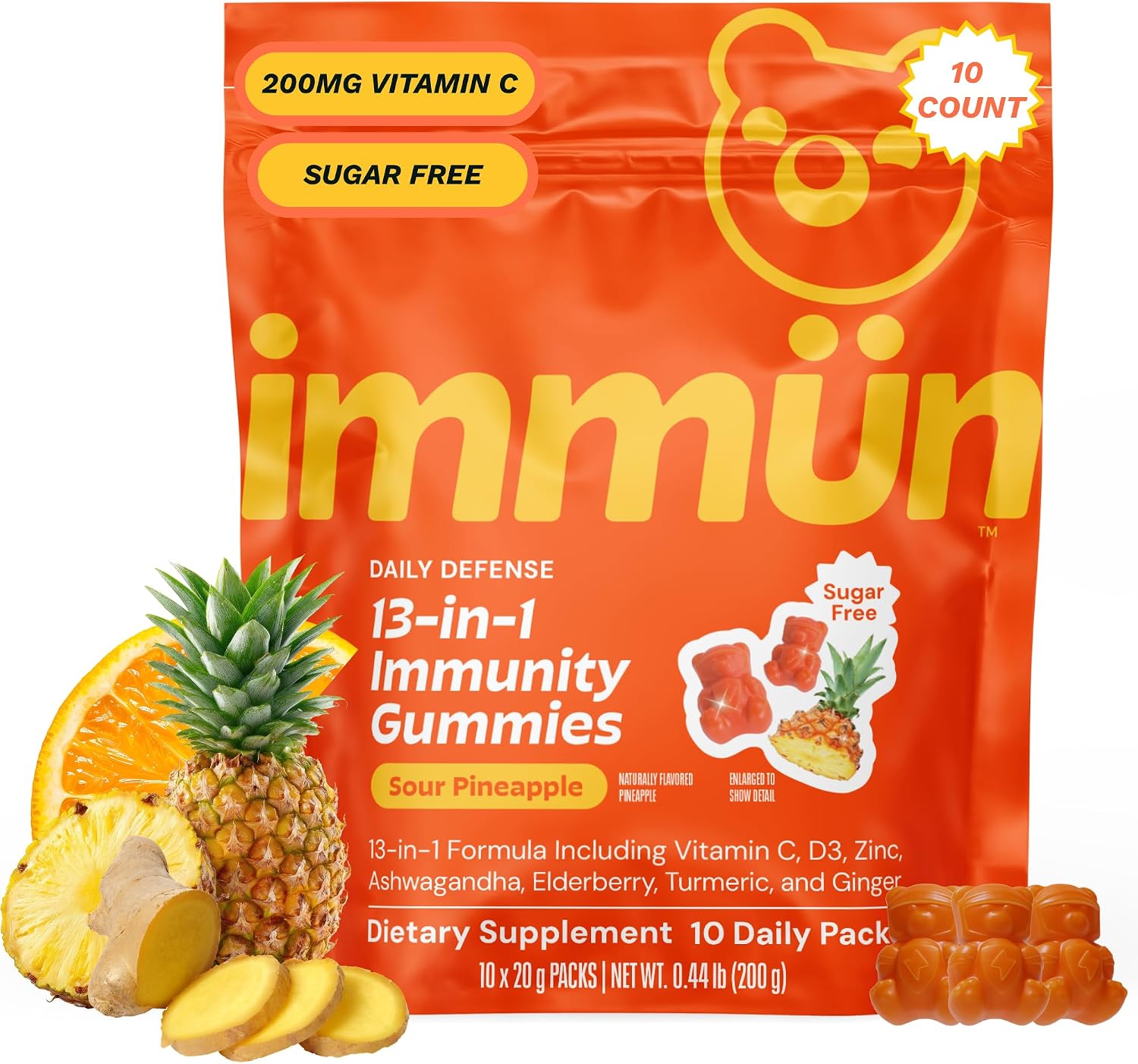 Grüns Immun Sugar Free Immunity Gummies with Vitamin C, Zinc, MCT Oil, & Turmeric - Daily Immune Support Supplement for Adults - Sour Pineapple Flavor (10 Count)