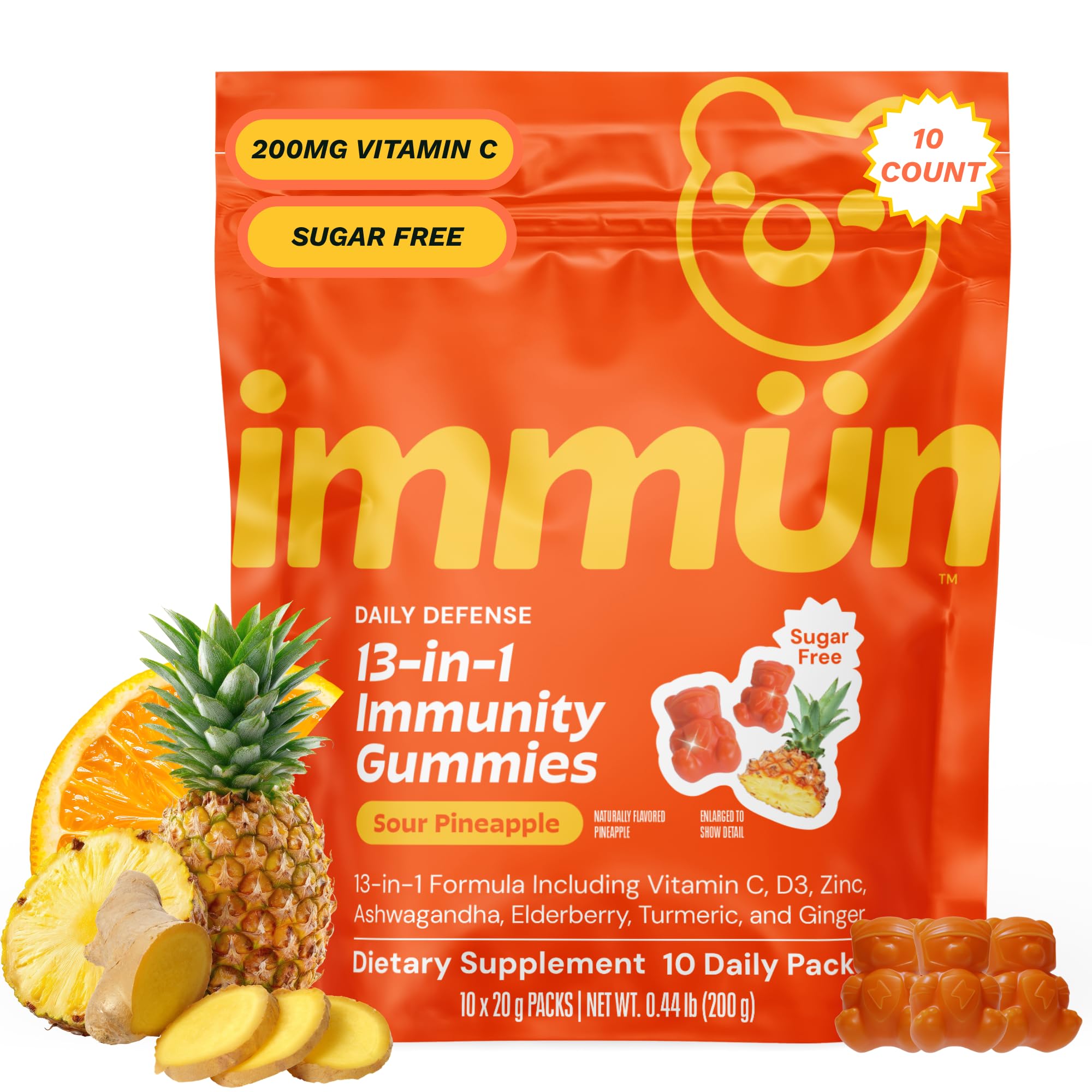 Grüns Immun Sugar Free Immunity Gummies with Vitamin C, 10 ct Sugar-Free 10 Count (Pack of 1)