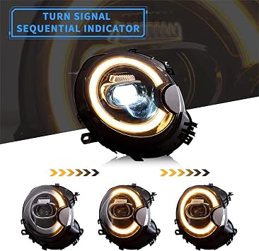 VLAND Led Headlights Compatible with BMW Mini Cooper 2007-2013 R55 R56 R57 R58 R59 w/Dynamic Animation w/Amber Sequential Turn Signal Indicator Left+Right Sides
