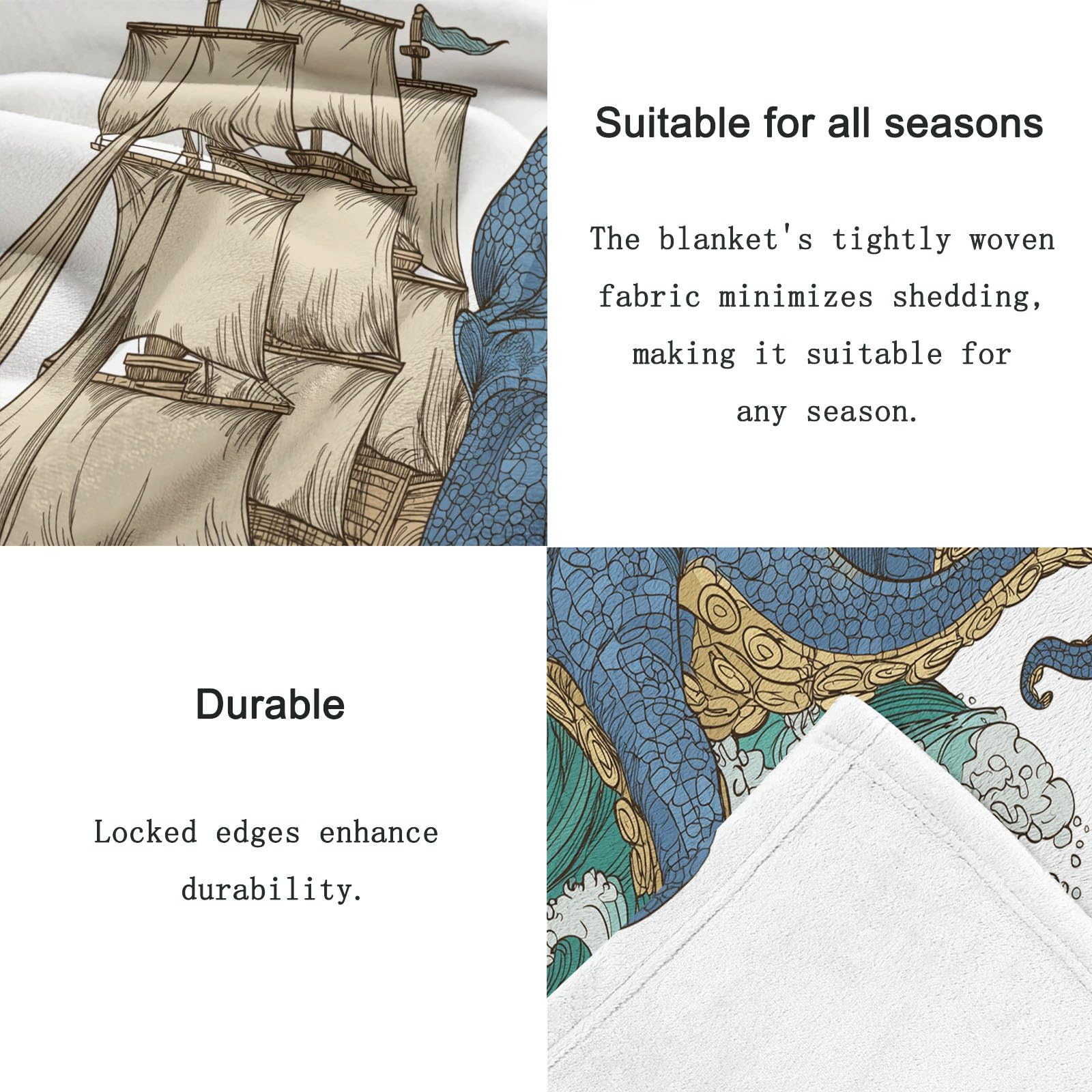 Coperta sherpa retrò costiera con stampa a onde di polpo a vela reversibile e morbida coperta in pile accogliente, 180 x 200 cm, per biancheria da letto, divano, letto, decorazione per la casa, blu