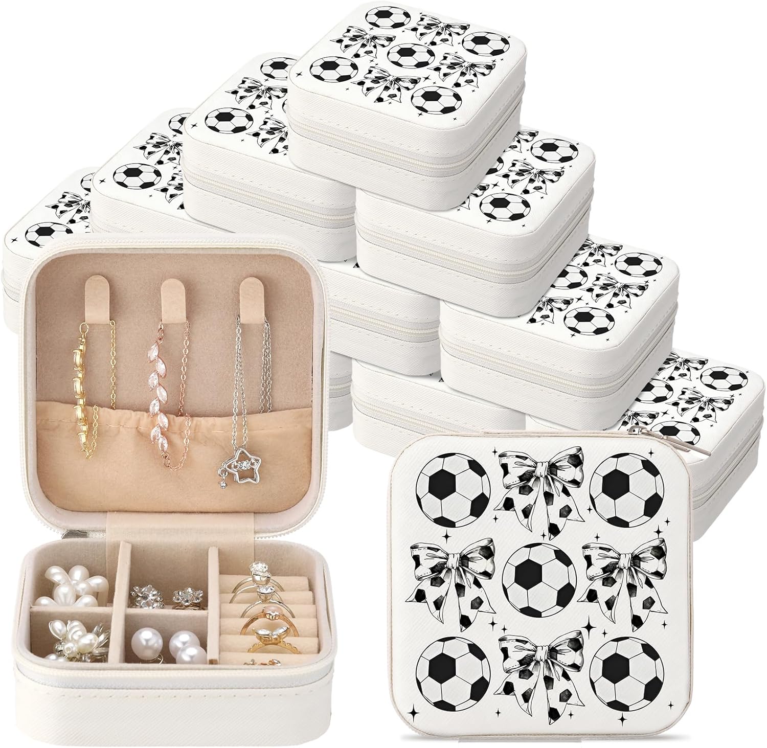 Tondiamo 12 Pcs Soccer Bow Gifts for Team Sports Jewelry Case Bulk Soccer Bow Travel Stuff Small Portable Jewelry Holder Box Organizer Storage Case for Women Sports Team Club Lovers Birthday Souvenir