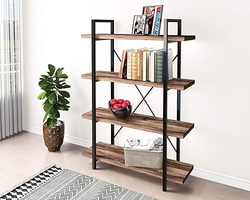 Miniatura 7 de 45MinST 4-Tier Vintage Industrial Style Bookcase/Metal and Wood Bookshelf Furniture for Collection,Vintage Brown, 3/4/5 Tier (4-Tier) Marrón,Gris