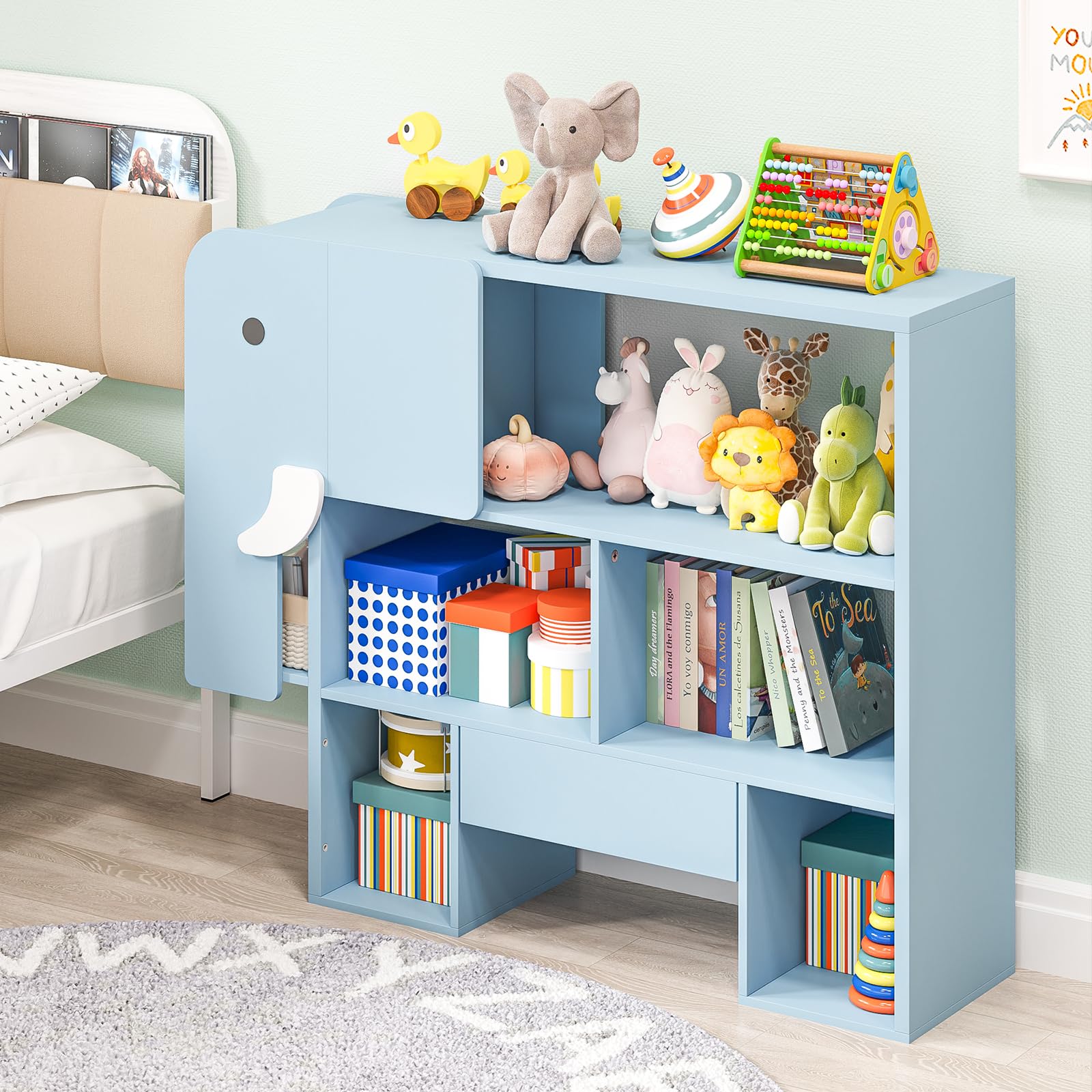 Timy 3-Tier Montessori Bookshelf with Elephant Shape 7 Cubbies Toy Storage Organizer with Drawers Kids Bookshelf for Playroom Living Room Nursery School Blue