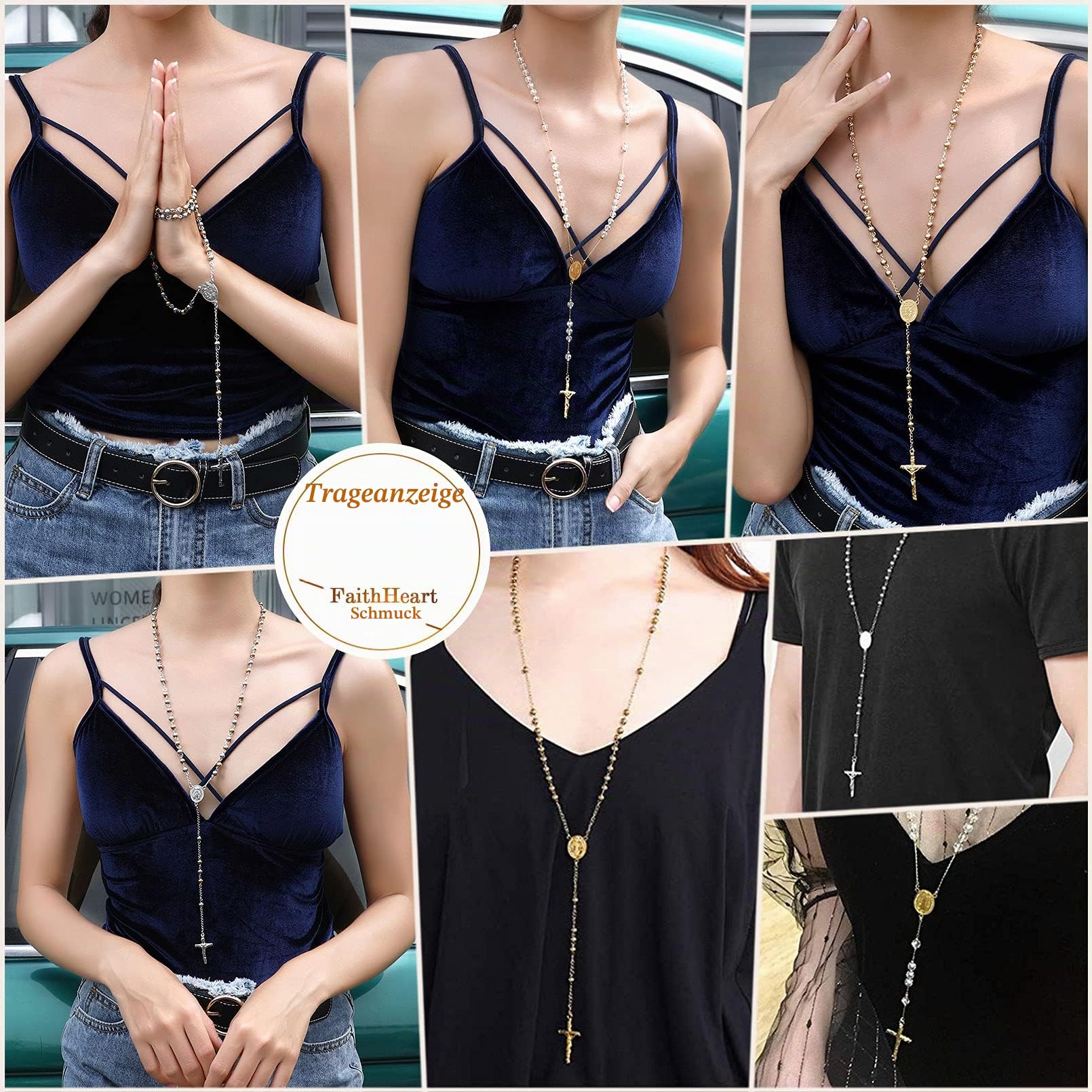 FaithHeart Rosenkranz Kette Damen Herren Kreuzkette Rosenkranzkette Edelstahl Halskette mit Benedikt von Nursia Medaille Gebetskette Lang Rosary Necklace Schutz Amulett Schmuck