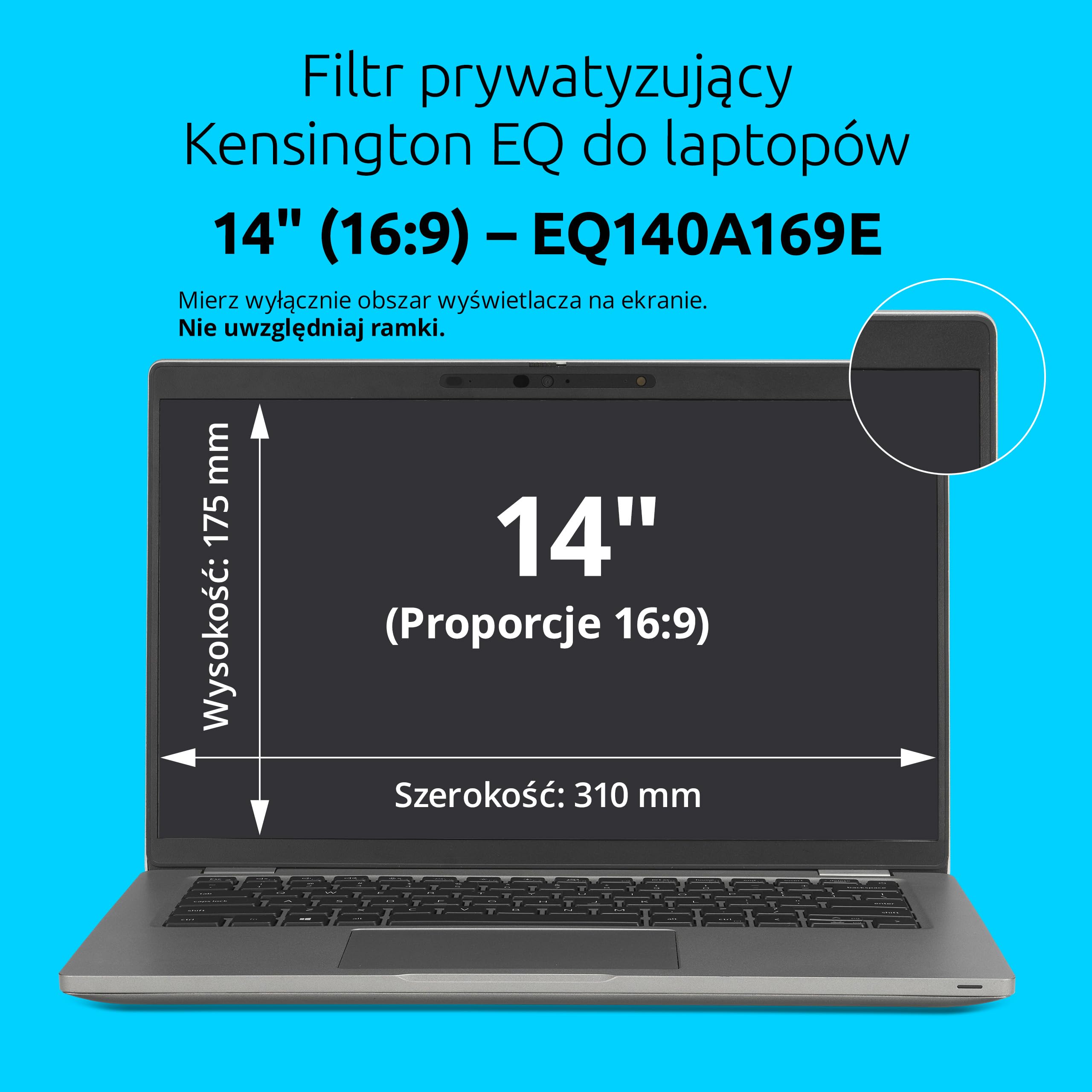 Filtr prywatyzujący Kensington EQ do laptopa 14 cali, 16:9, blokowanie światła niebieskiego, antyodblaskowy, odporny na zarysowania, kompatybilny z laptopami ASUS, HP, Lenovo, ACER, Dell