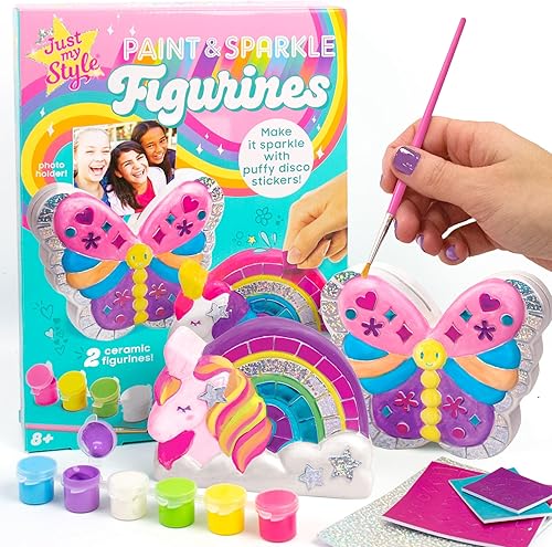 Just My Style Figuras de pintura y chispa, soporte para fotos de unicornio arcoíris y mariposa, crea una decoración funky, incluye suministros de
