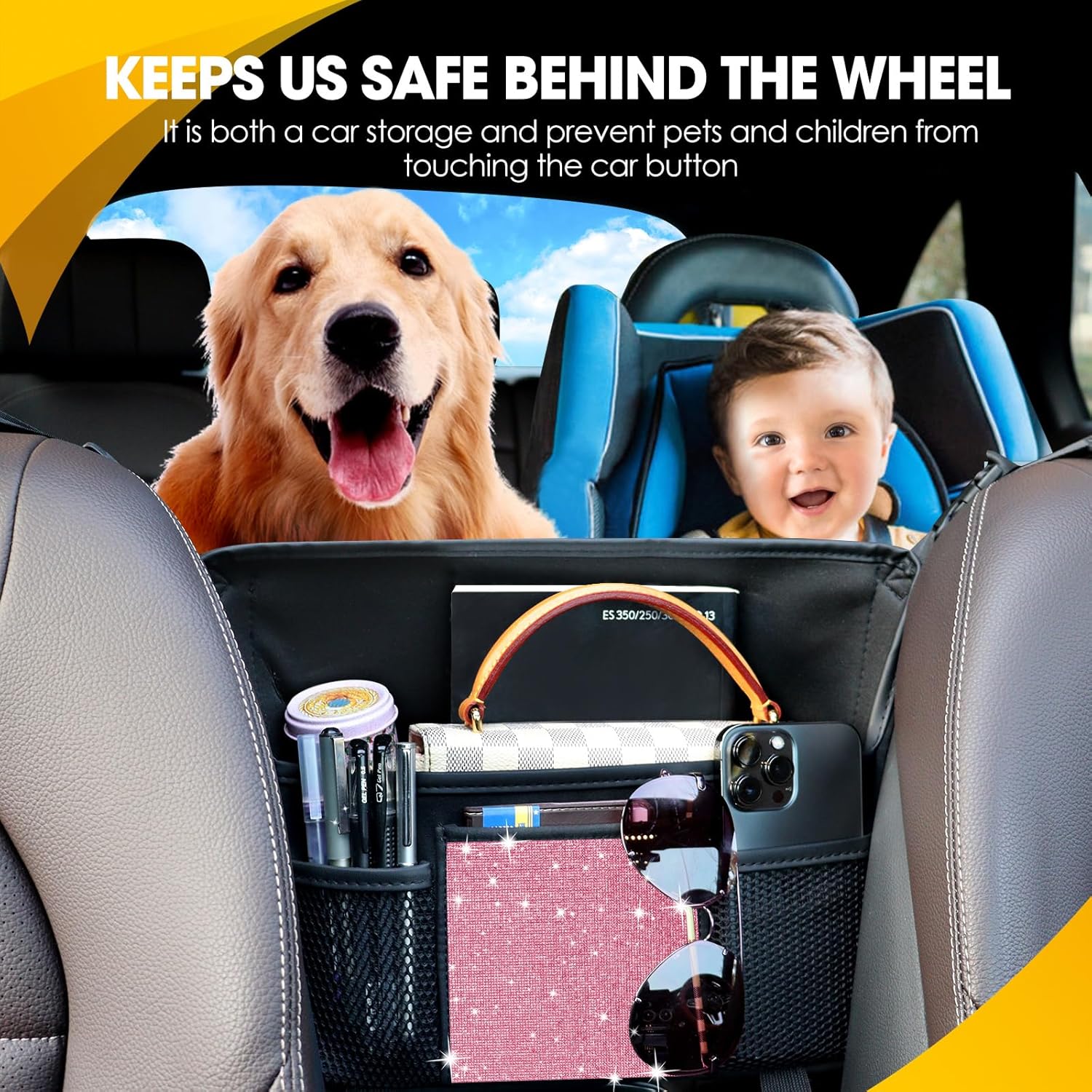 Pink Diamond Car Handbag Holder Between Seats Bling Rhinestone Car Storage Bag Large Capacity Purse Phone Ipad Automotive Consoles Organizer Safe Barrier of Backseat Pet Kids…