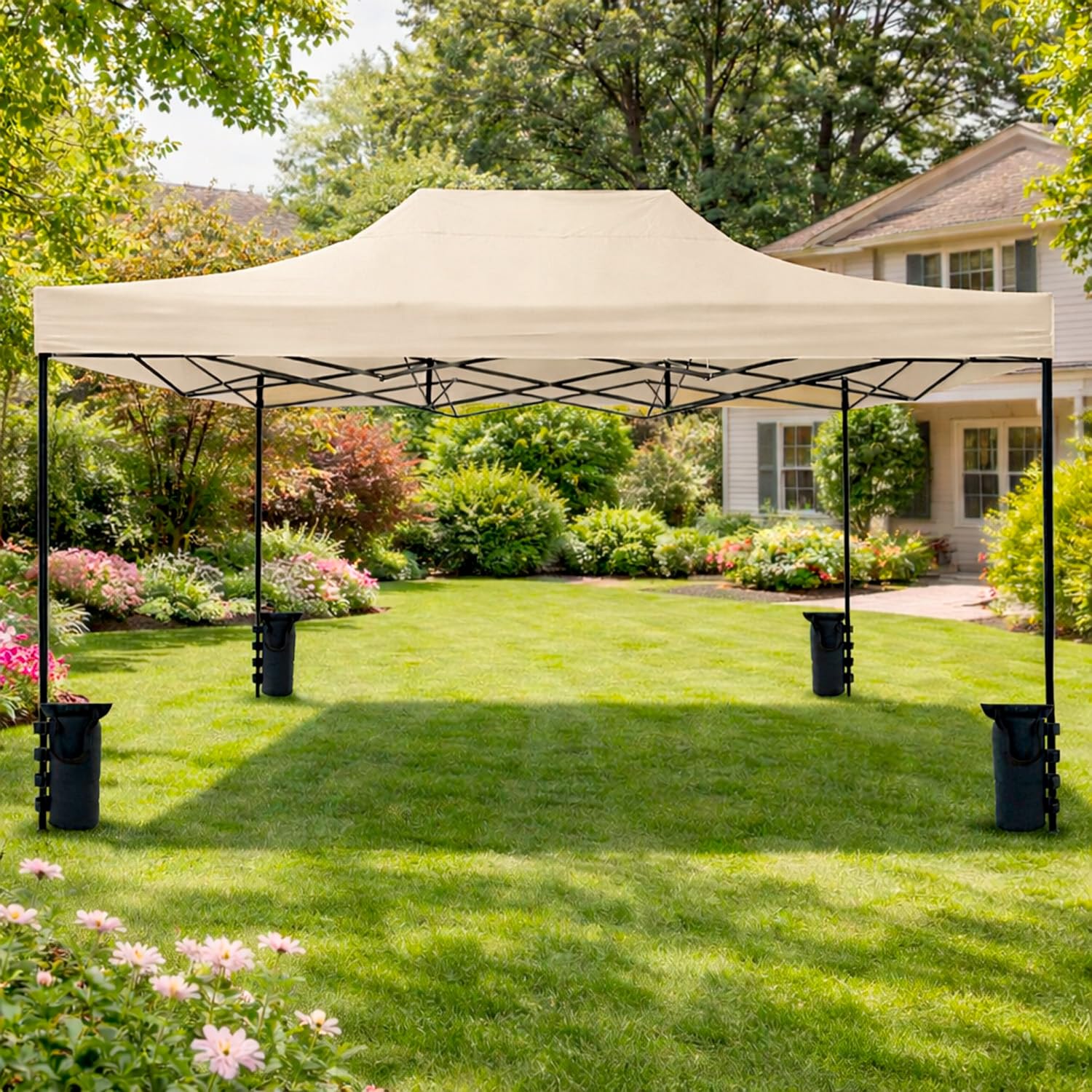 Gazebo Professionale 3x4.5 M Richiudibile Automatico In Acciaio Con Telo Oxford 1200D PVC Impermeabile e Anti UV Struttura a Fisarmonica con Sacche Zavorra e Borsa Trasporto Sagre Feste (Beige)