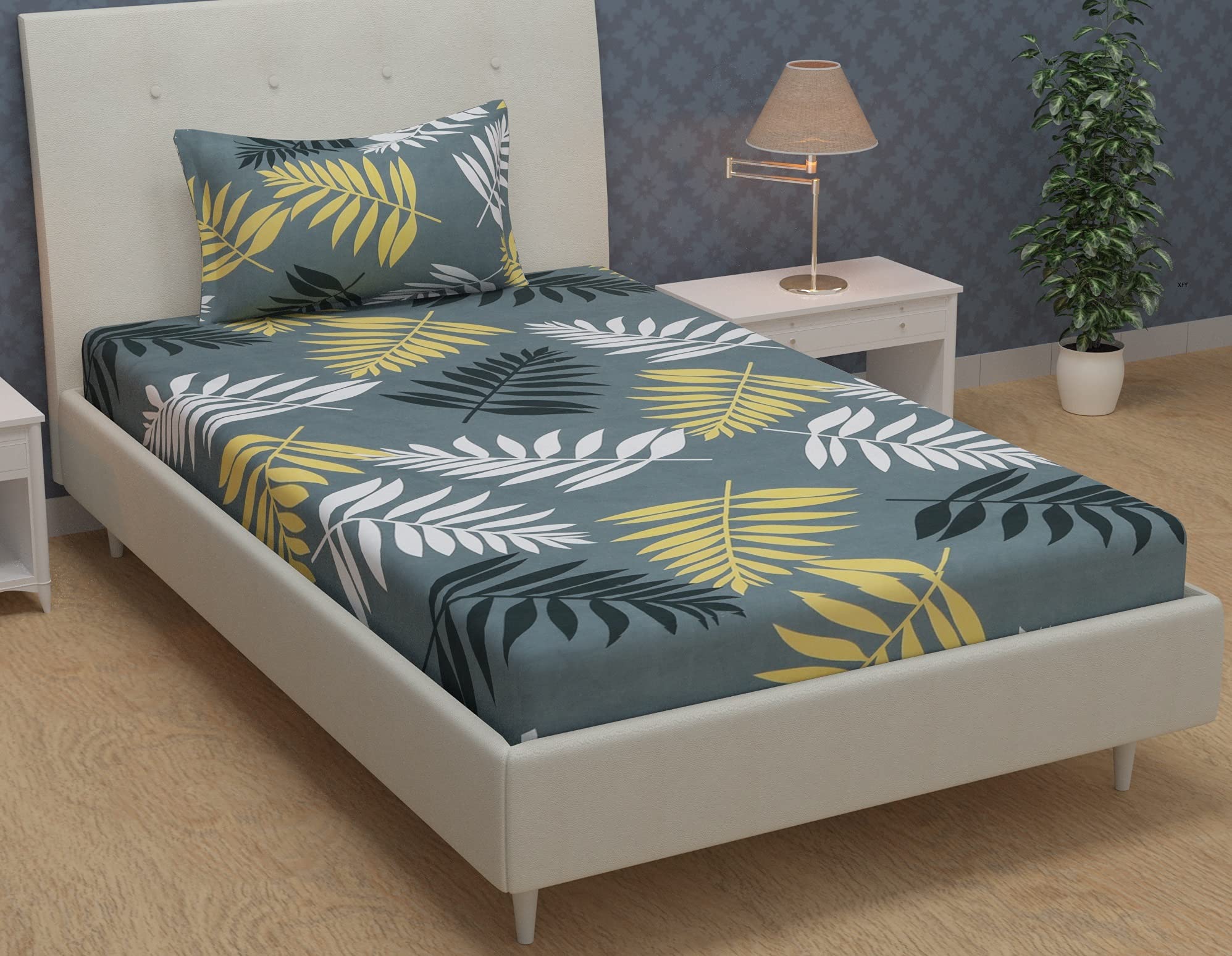 New Leaf Glace Cotton Single Bedsheet with 1 Pillow Covers - 160 TC Supersoft Glace Glace Cotton - Breathable & Wrinkle Free - 2 Pcs Set | Dark Blue and Yellow Leaf