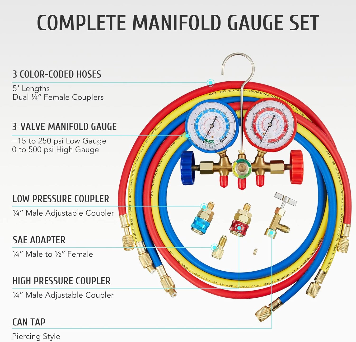 R134A R12 R22 R404A Strumenti Per Refrigerazione Aria Condizionata Set Manometro Diagnostico AC Sn Per Tutte Le Auto A/C Con Tubo Flessibile E Kit Gancio Con Attacco Rapido Laterale Alta/bassa Pres - Foto 9