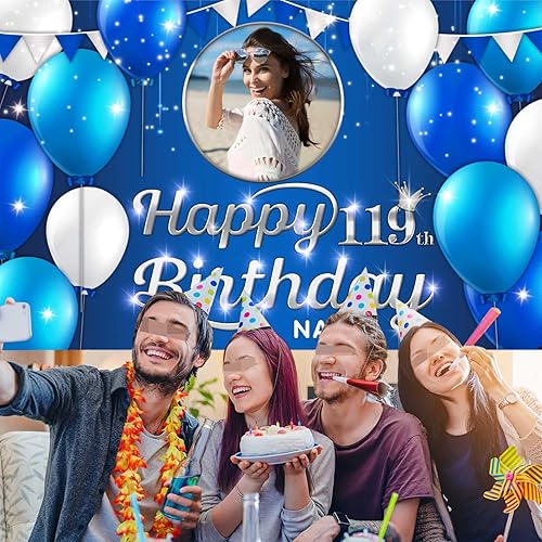 Miniatura 6 de Cartel decorativo personalizado de feliz cumpleaños número 119, pancarta personalizada para fiesta de cumpleaños azul marino en tamaños grandes,