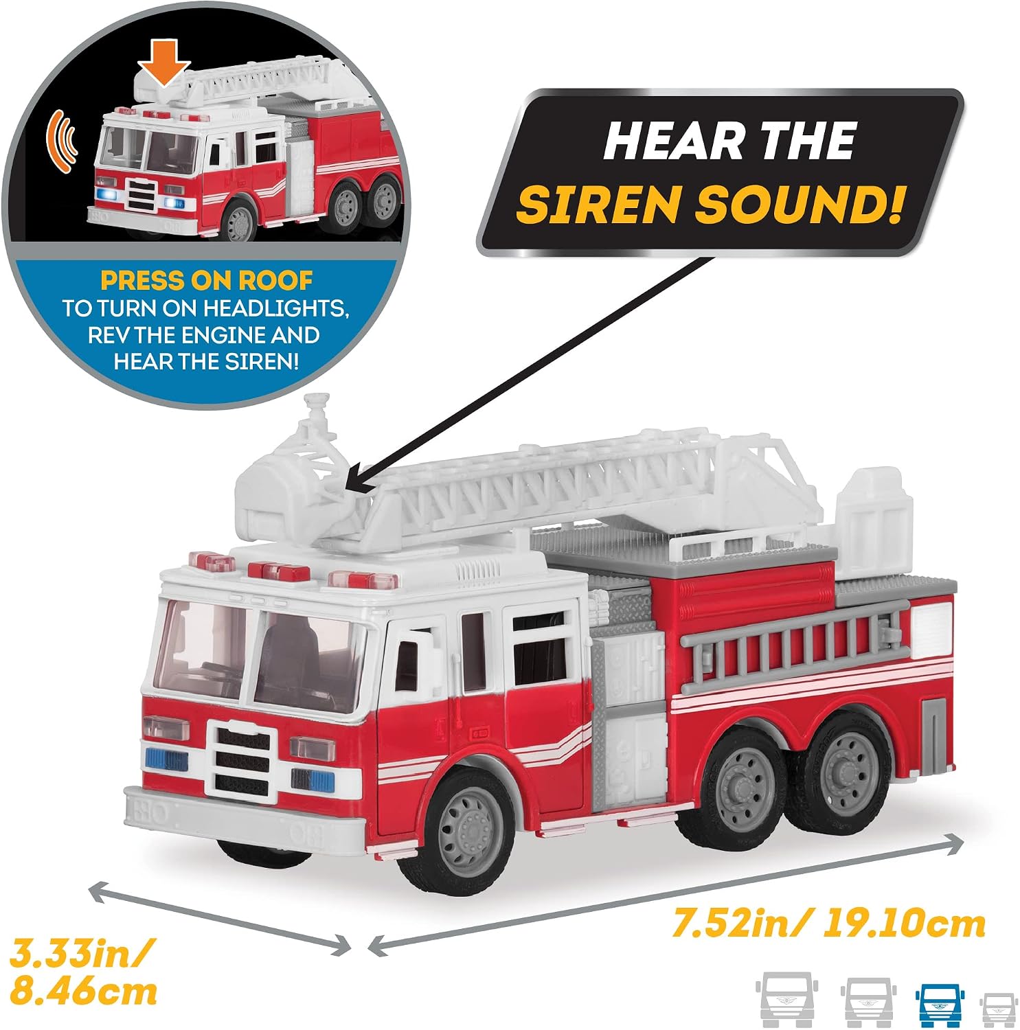 DRIVEN by Battat — Micro Fire Truck — Mini Red Toy Fire Truck with Lights & Sounds For Kids 3+ & Up