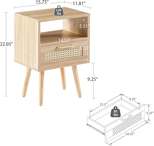Miniatura 2 de Mesa auxiliar de ratán para sala de estar, mesas auxiliares de sofá con cajón y patas de madera maciza, mesita de noche moderna, natural