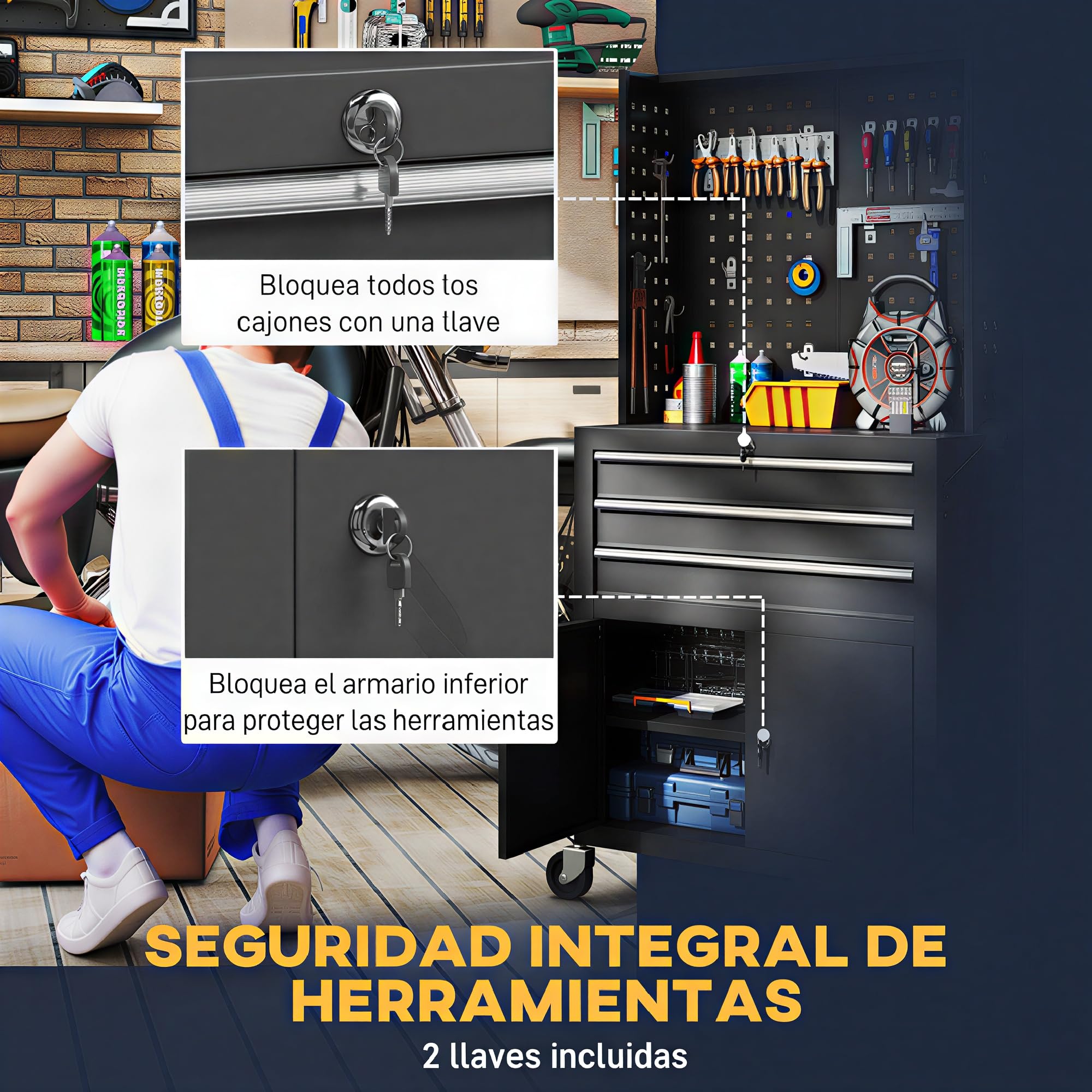 HOMCOM Carro de Herramientas con 3 Cajones y Pegboard, Carro de Taller con Cerradura de Llave, Estante Regulable, 2 Ruedas con Freno, Negro