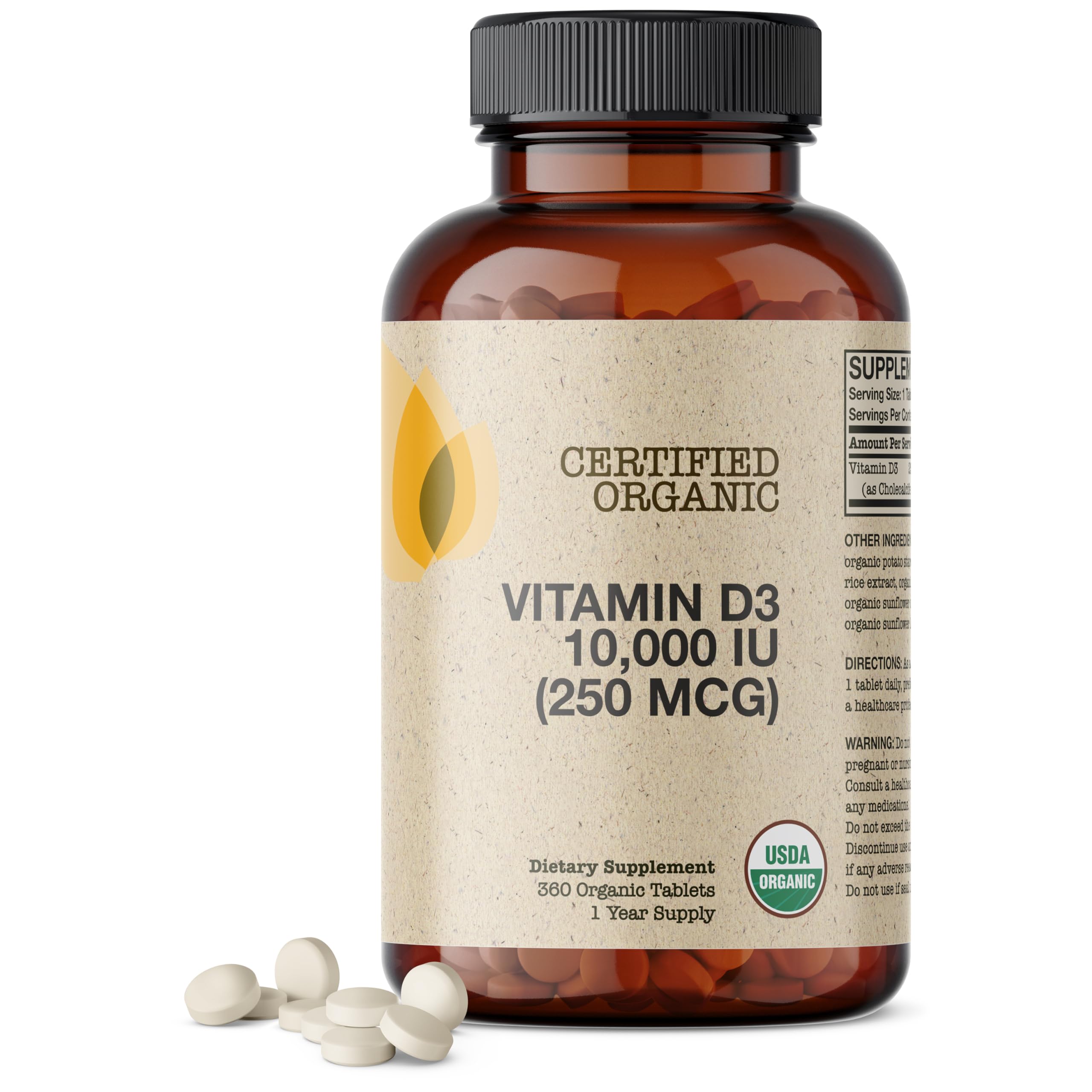 Futurebiotics Vitamin D3 10,000 IU (250 MCG) Supports a Healthy Immune Response, Helps Maintain Strong Bones and Muscles, 360 Organic TabletsUSDA Organic