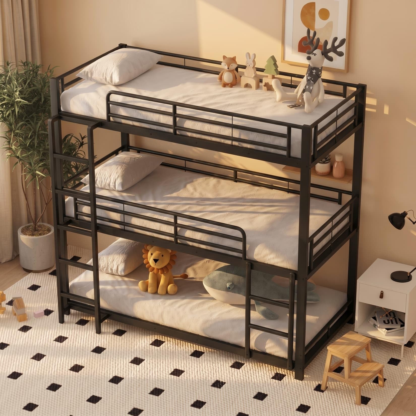 PUGSDRLY Lit Superposé 3 Place 90x200 avec Escalier,Sommier Robuste(B-Noir) | Quatre Barrières Haute,Escalier Robustes,pour Garçons Filles